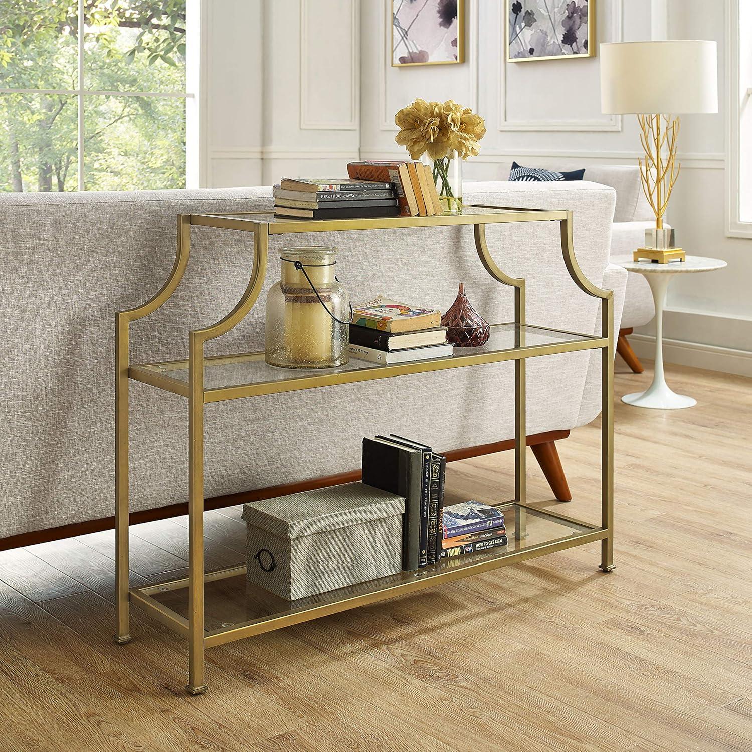 Aimee Console Table - Crosley: Elegant Steel Frame, Clear Glass Top, Fixed Shelf, Entryway Furniture