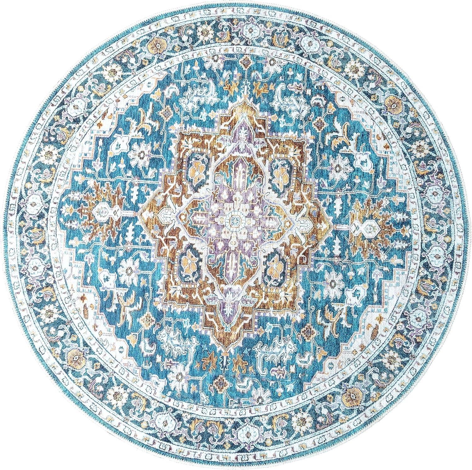 Soft Woven Machine Washable Area Rug, 90% Cotton, Non-Slip, Blue 5' Round