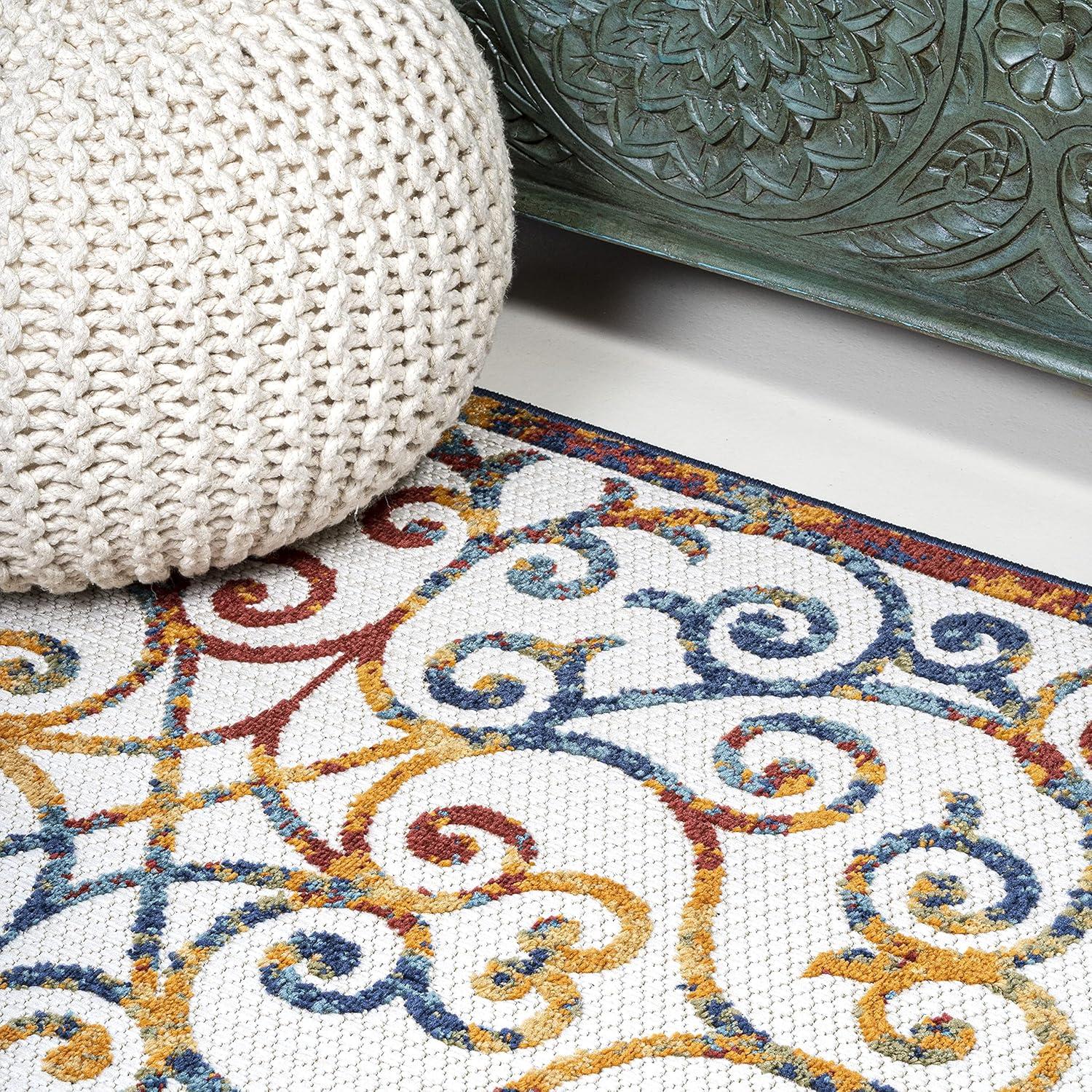 3'x5' Atrani Scroll Trellis Indoor/Outdoor Area Rug, Cream/Blue/Red - JONATHAN Y