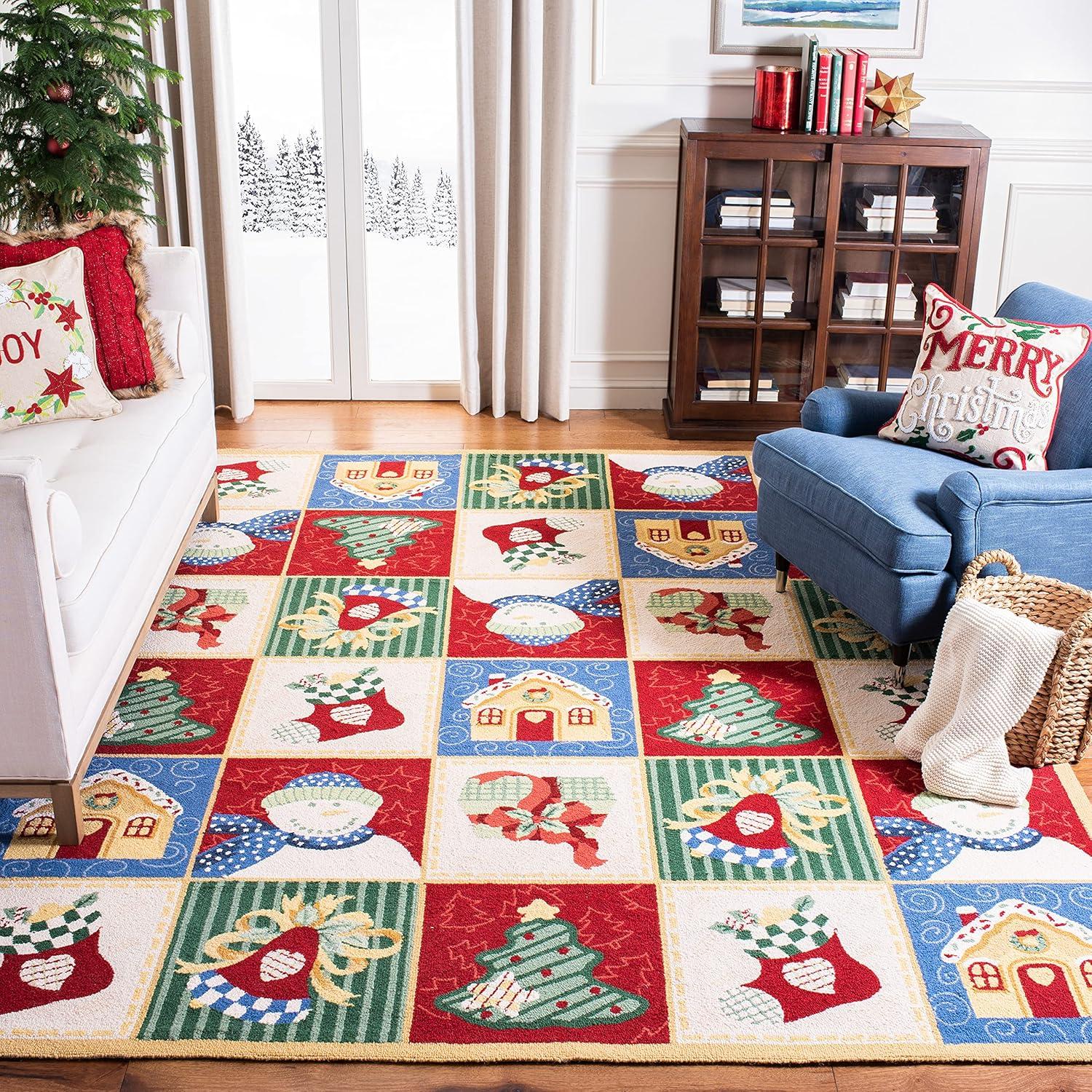 Multicolor Hand-Hooked Wool Christmas Runner Rug