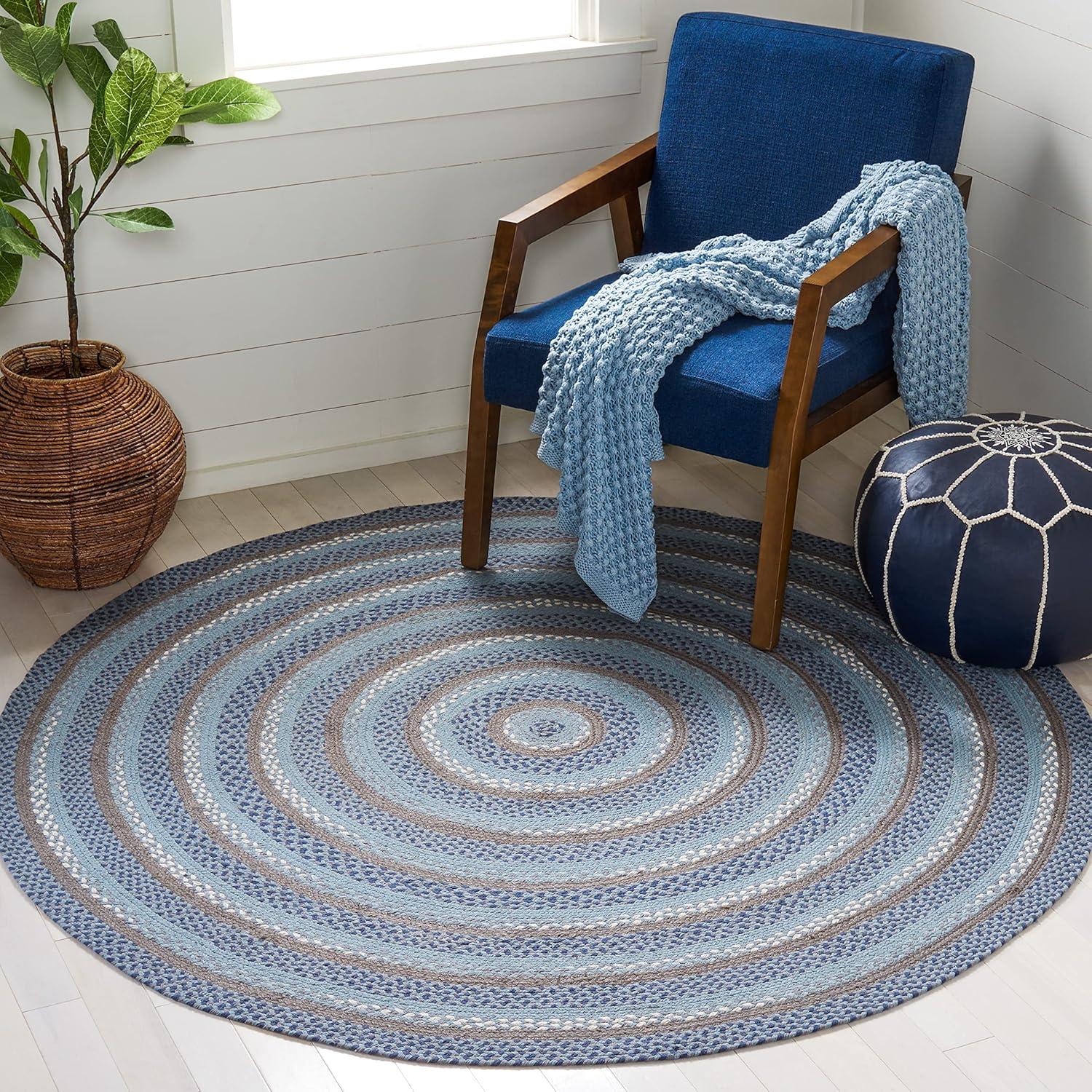 Handwoven Blue and Gray Round Cotton Area Rug