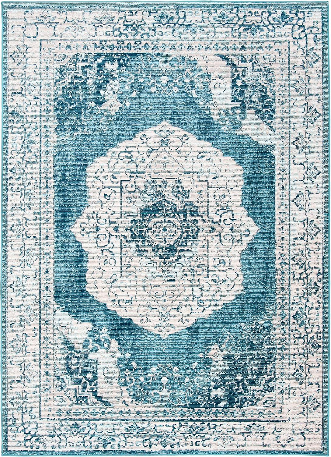 Reversible Synthetic Blue & Beige Medallion 4' x 6' Area Rug