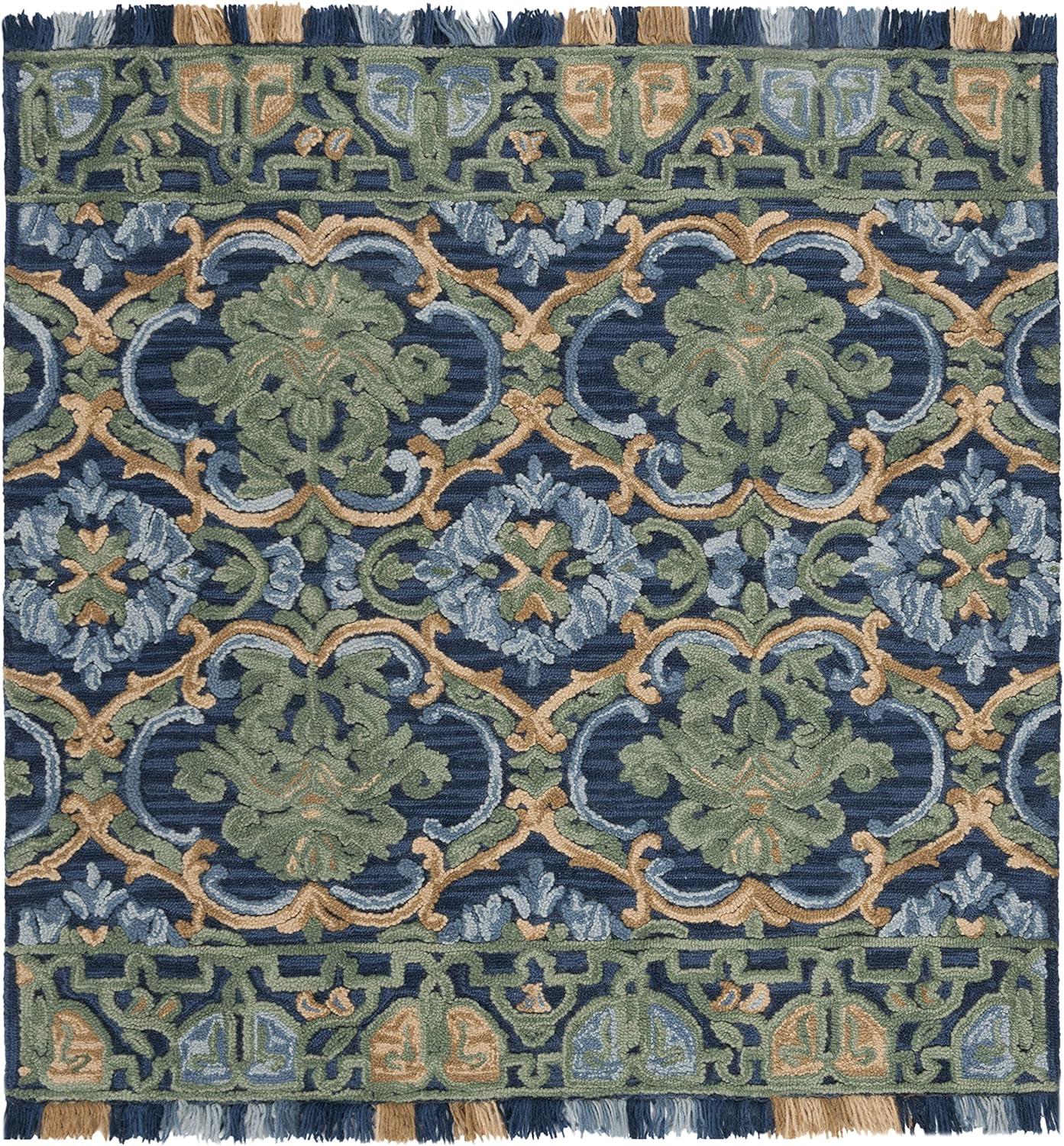 Handmade Navy and Green Square Tufted Wool Area Rug - 6' x 6'