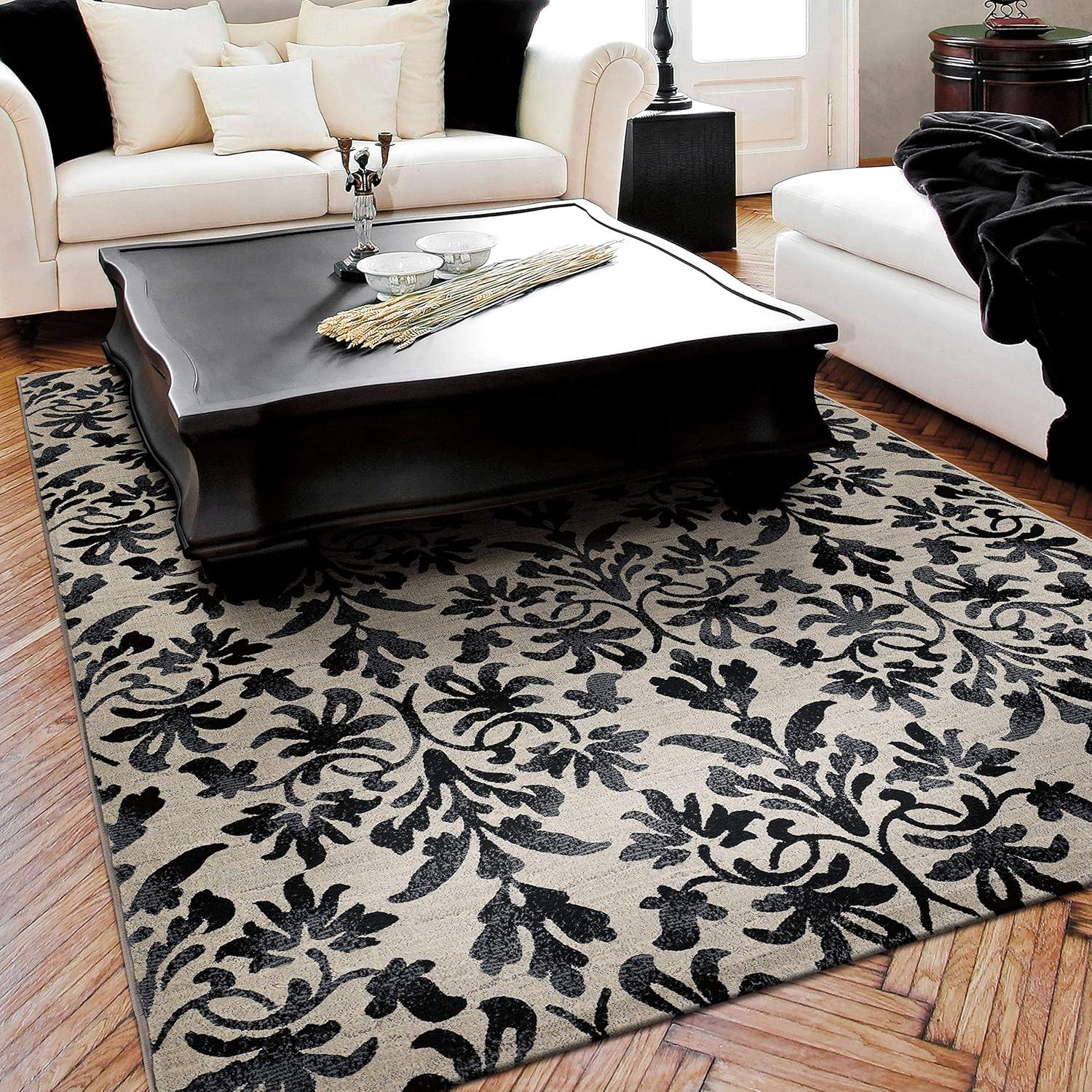 Transitional Damask Grey Synthetic 9'2" x 12'5" Area Rug