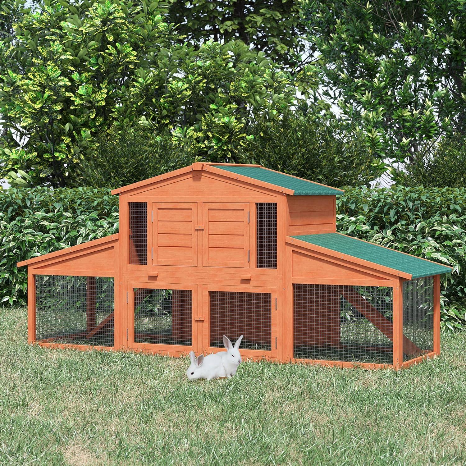 PawHut 88.5" Wooden Rabbit Hutch Bunny Hutch Guinea Pig House with Removable Tray, Double Ramp and Weatherproof Asphalt Roof for Outdoor