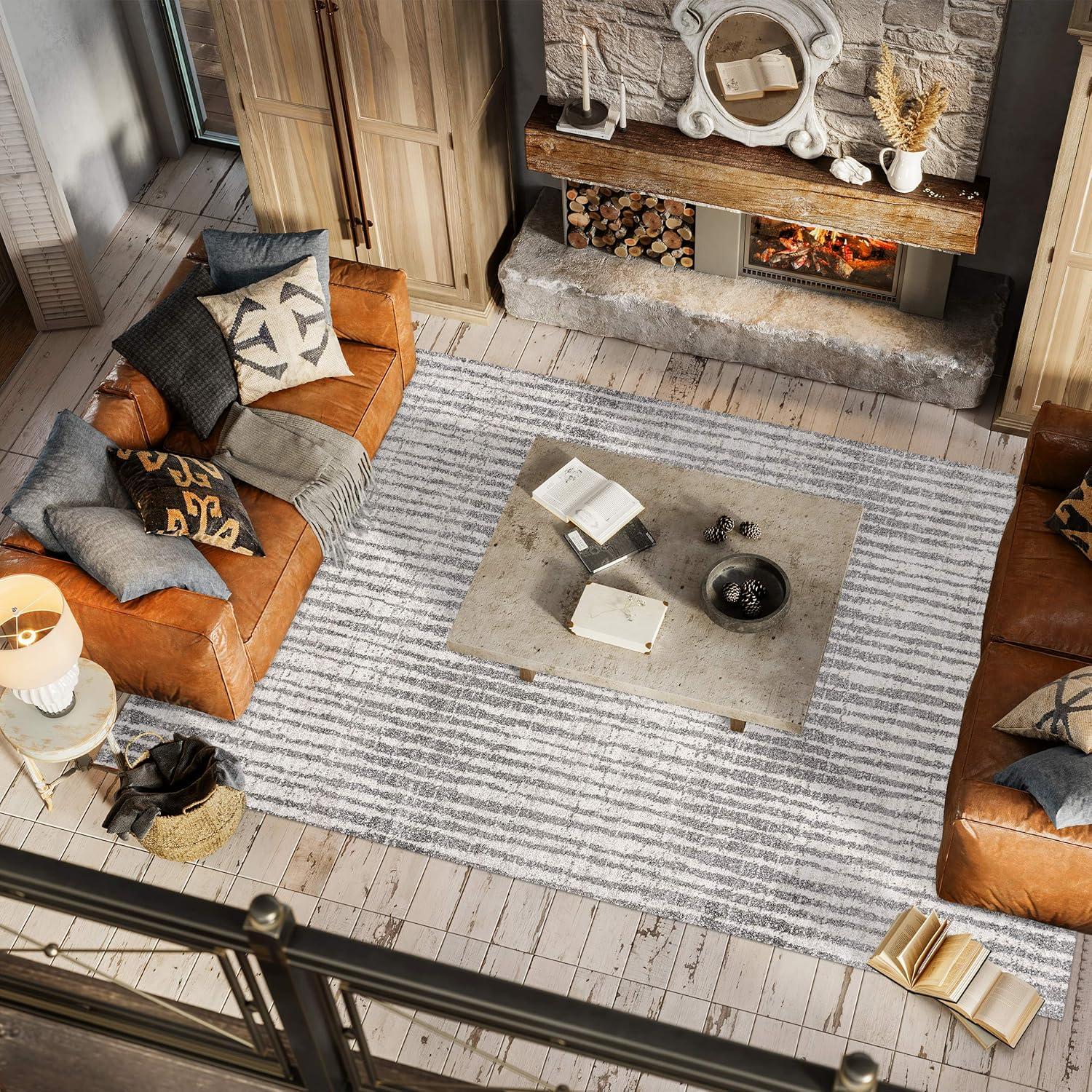 3'x5' Skoura Modern Bold Stripe Area Rug, Beige/Dark Gray - JONATHAN Y