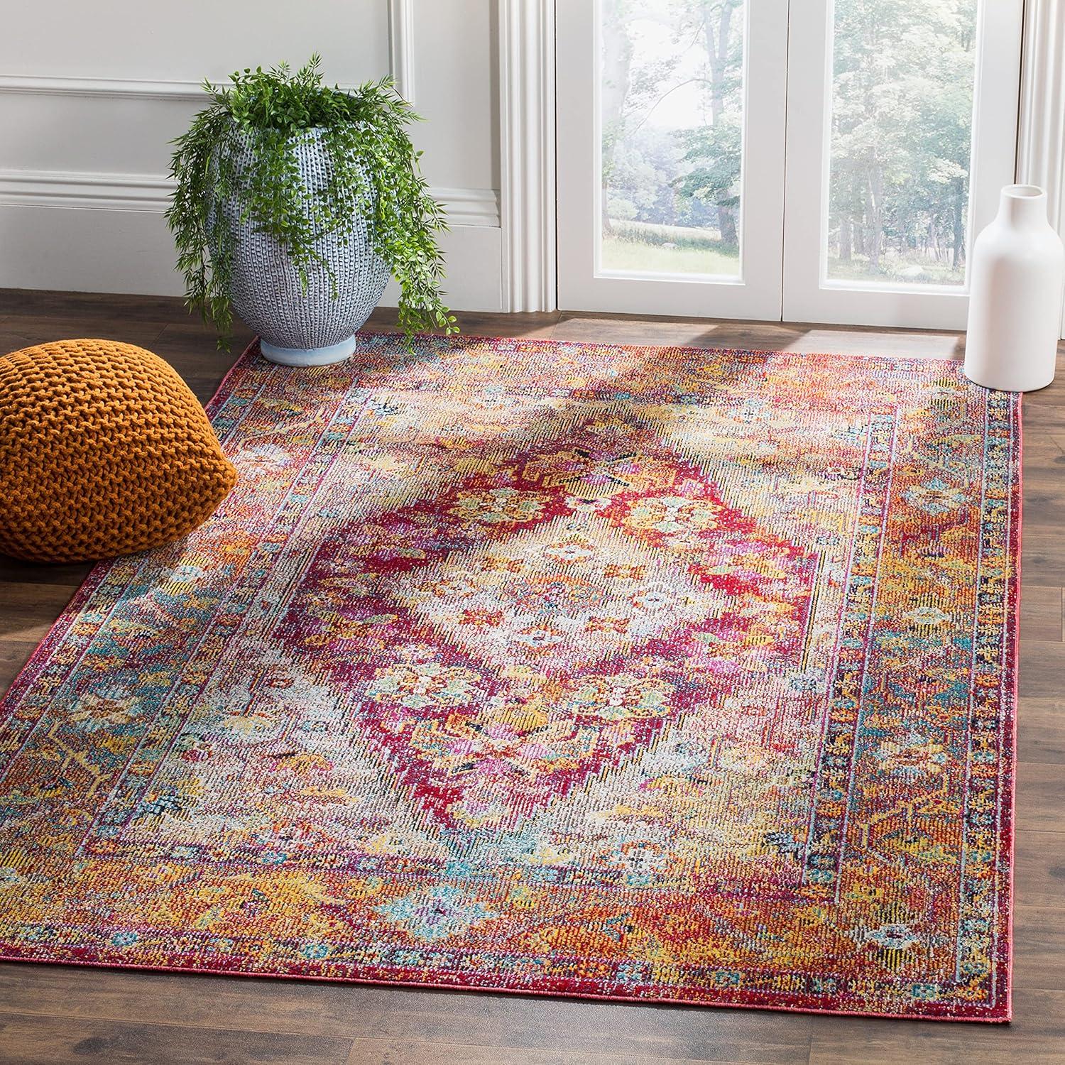 Light Blue and Fuchsia Synthetic Oriental 4' x 6' Area Rug