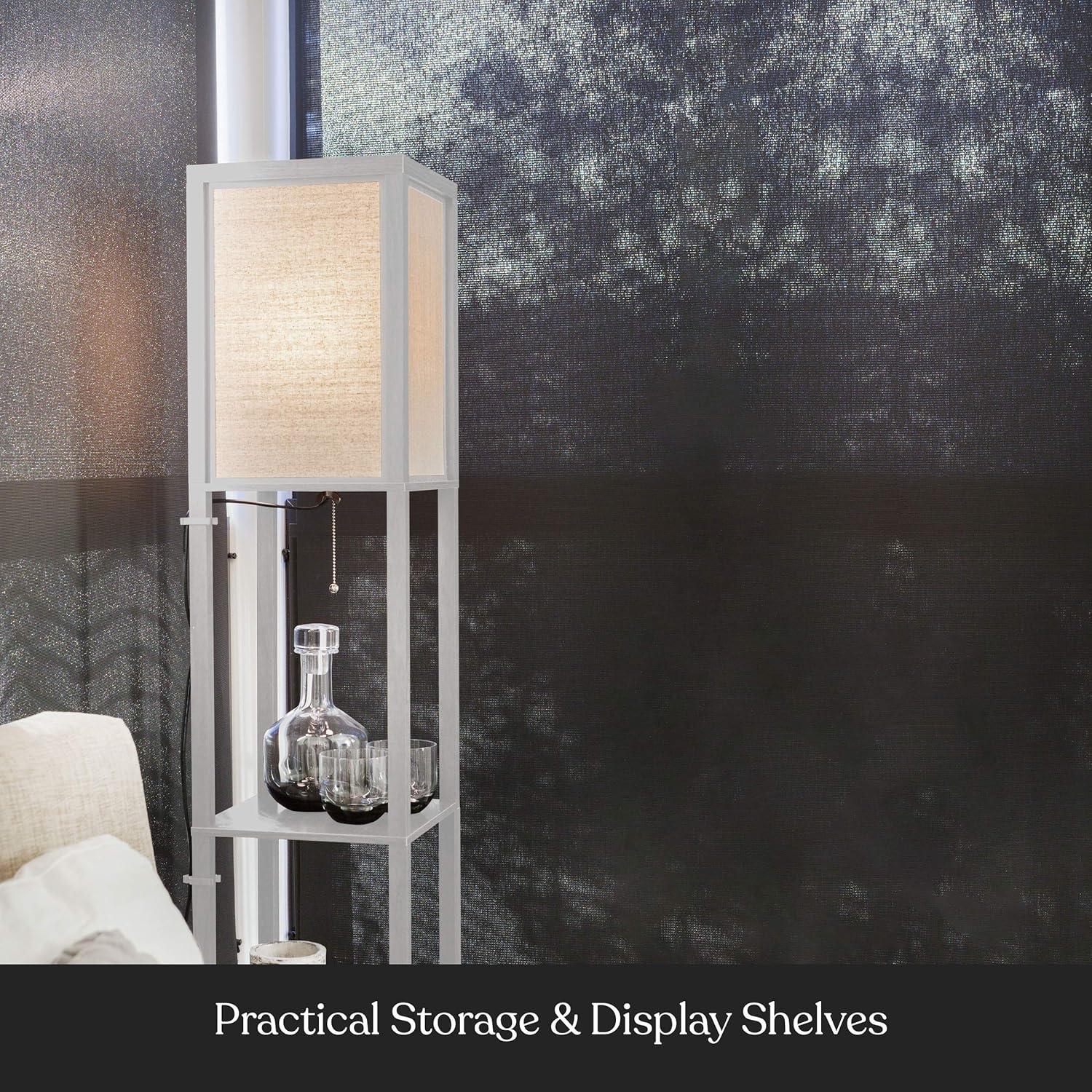 Brightech Maxwell 63" Modern LED Shelf Floor Lamp with White Finish, 3 Tiers, and Fabric Square Shade, Bulb Included
