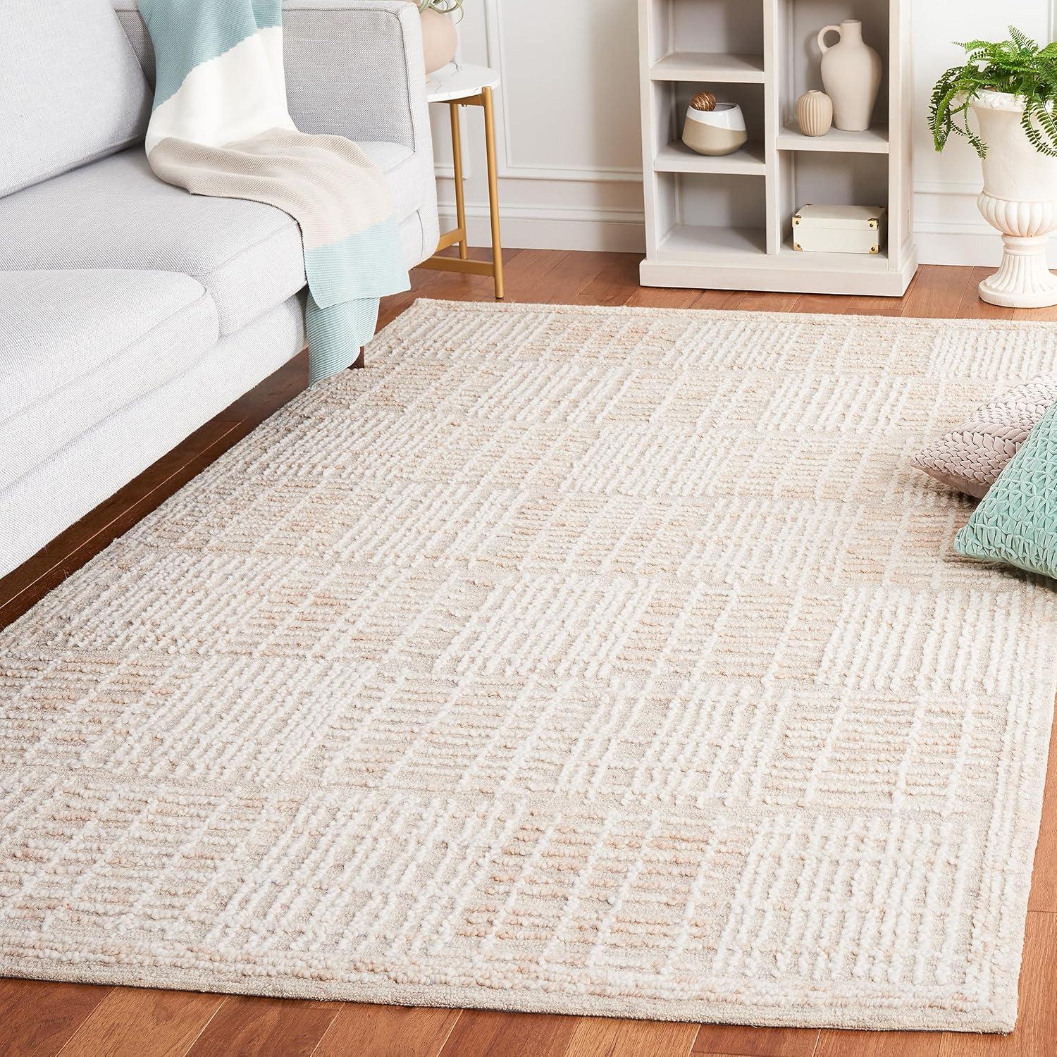 Ivory Abstract Handmade Wool Tufted Rectangular Rug, 5' x 8'