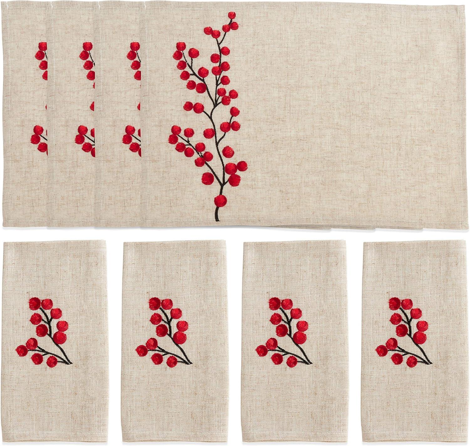 Saro Lifestyle Embroidered Berry Placemat and Napkin 8 pcs Set (4 Placemats, 4 Napkins)