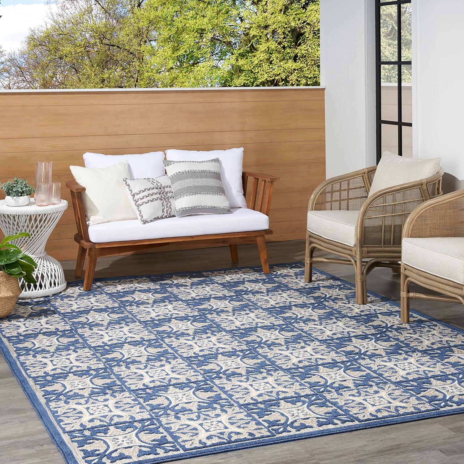 Blue Geometric 6' x 9' Stain-Resistant Outdoor Rug