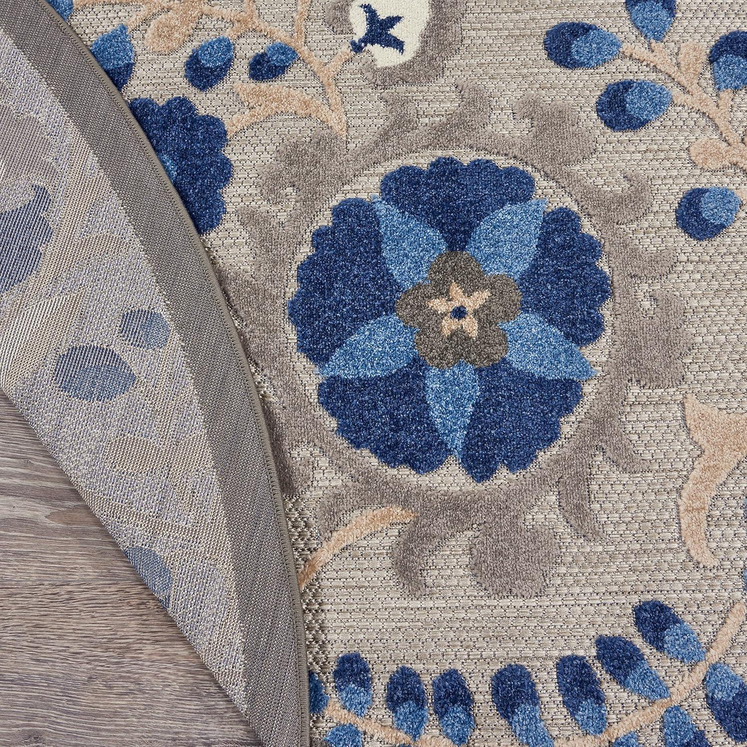 Nourison Aloha Floral Textured Flatweave High-Low Indoor Outdoor Round Rug Natural/Blue 5'3" x 5'3"