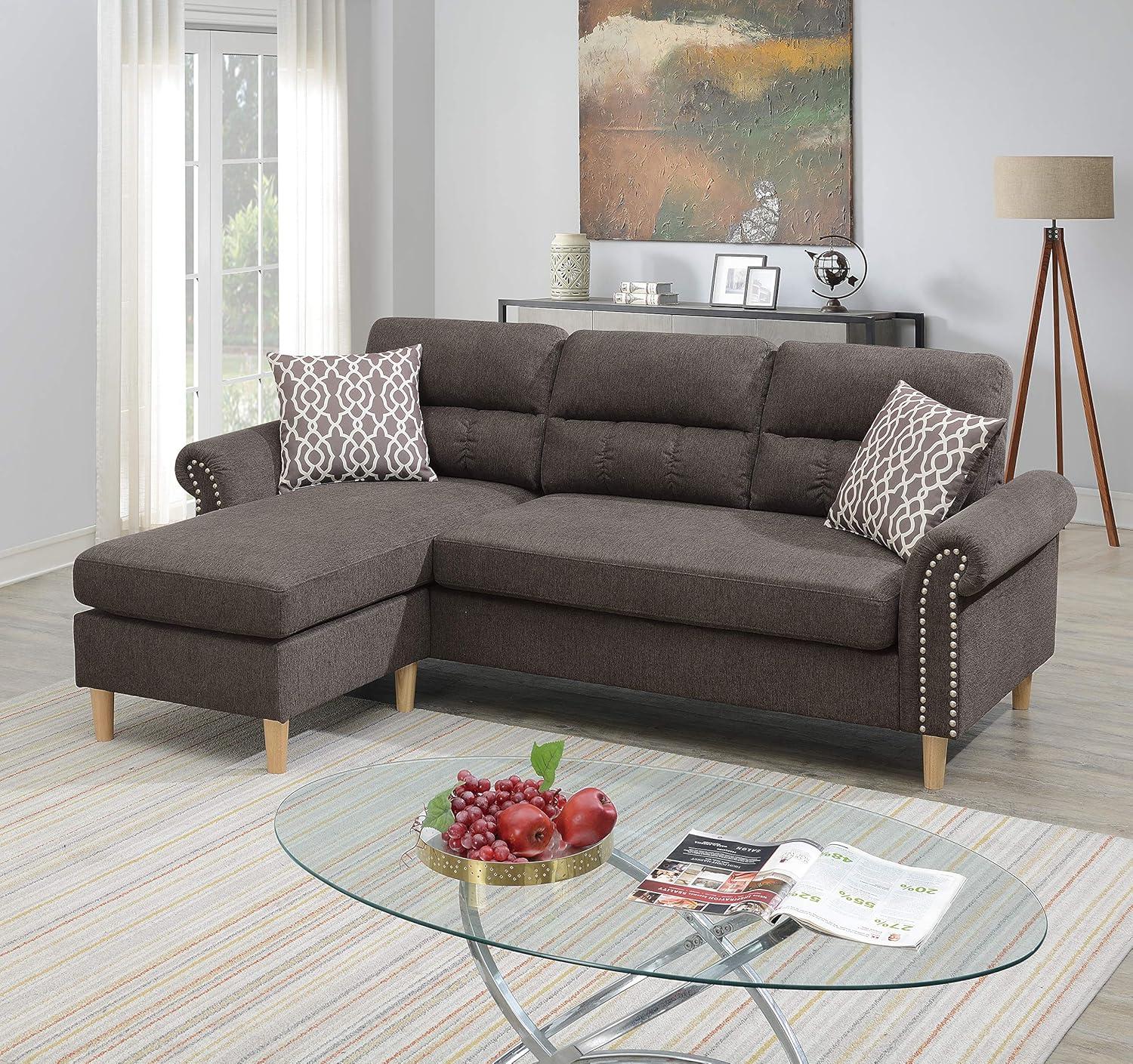 Tan Velvet Tufted Sectional with Ottoman and Rolled Arms