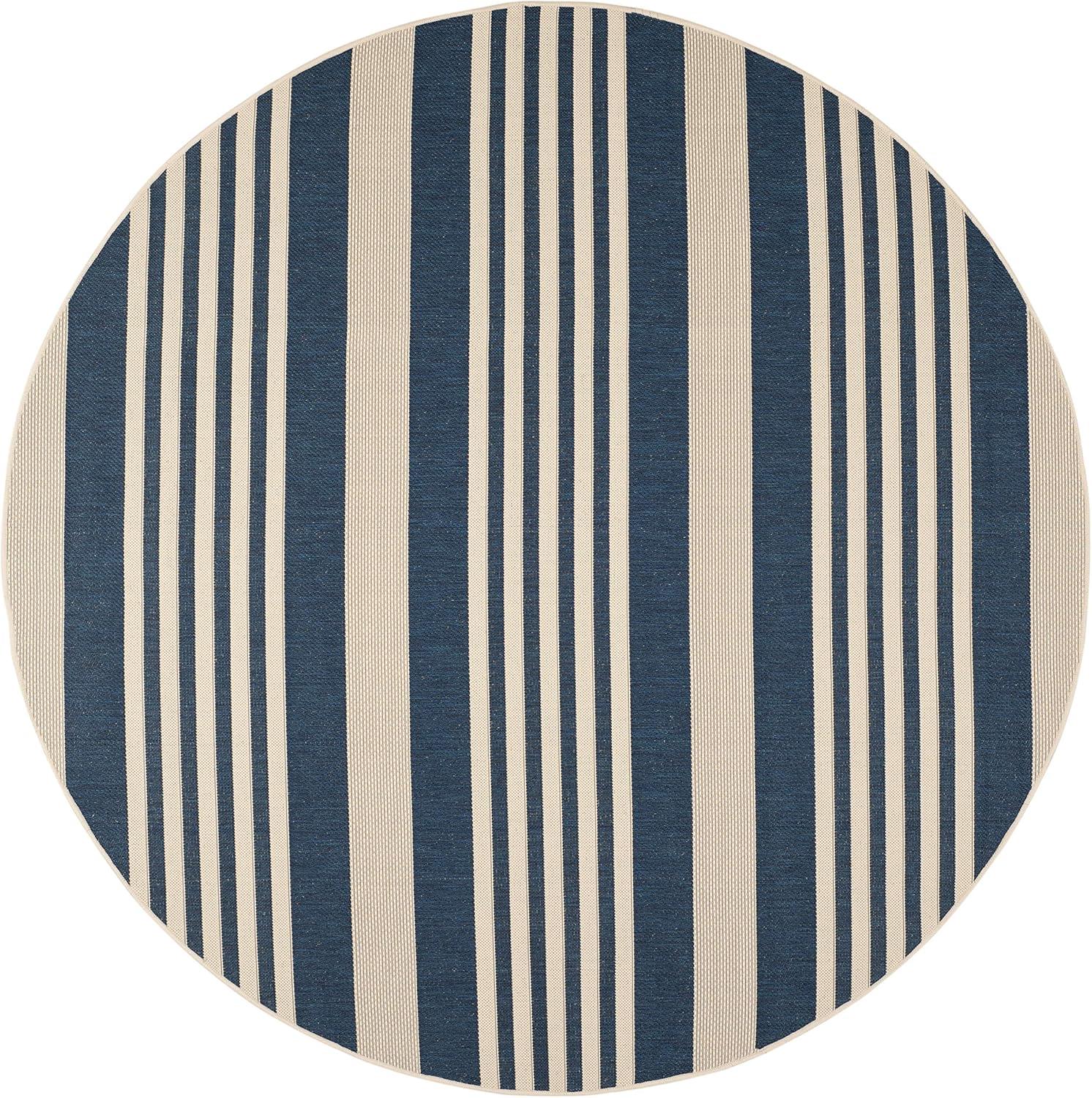 Navy Stripe 7'1" Round Synthetic Easy-Care Outdoor Rug