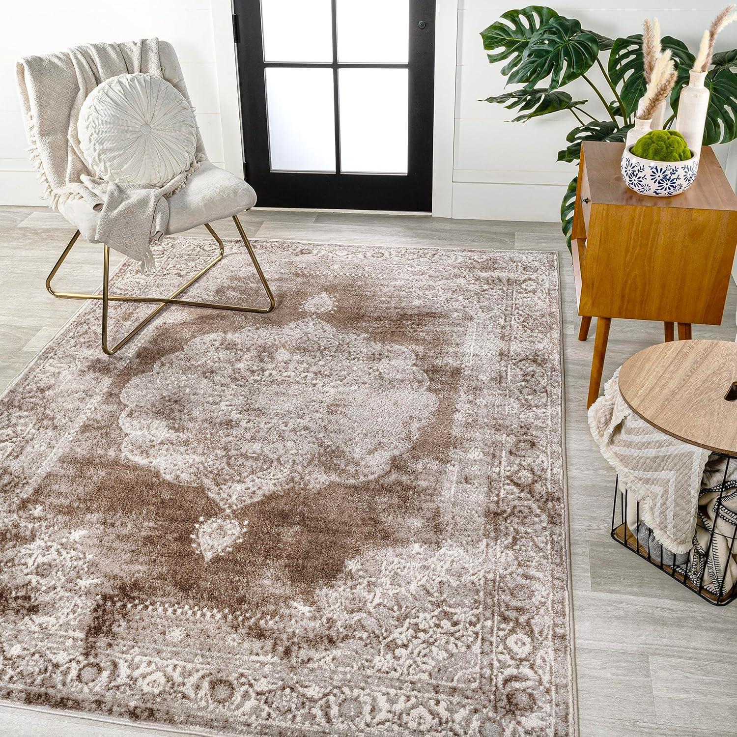 Ivory and Brown Medallion Synthetic 8' x 10' Area Rug