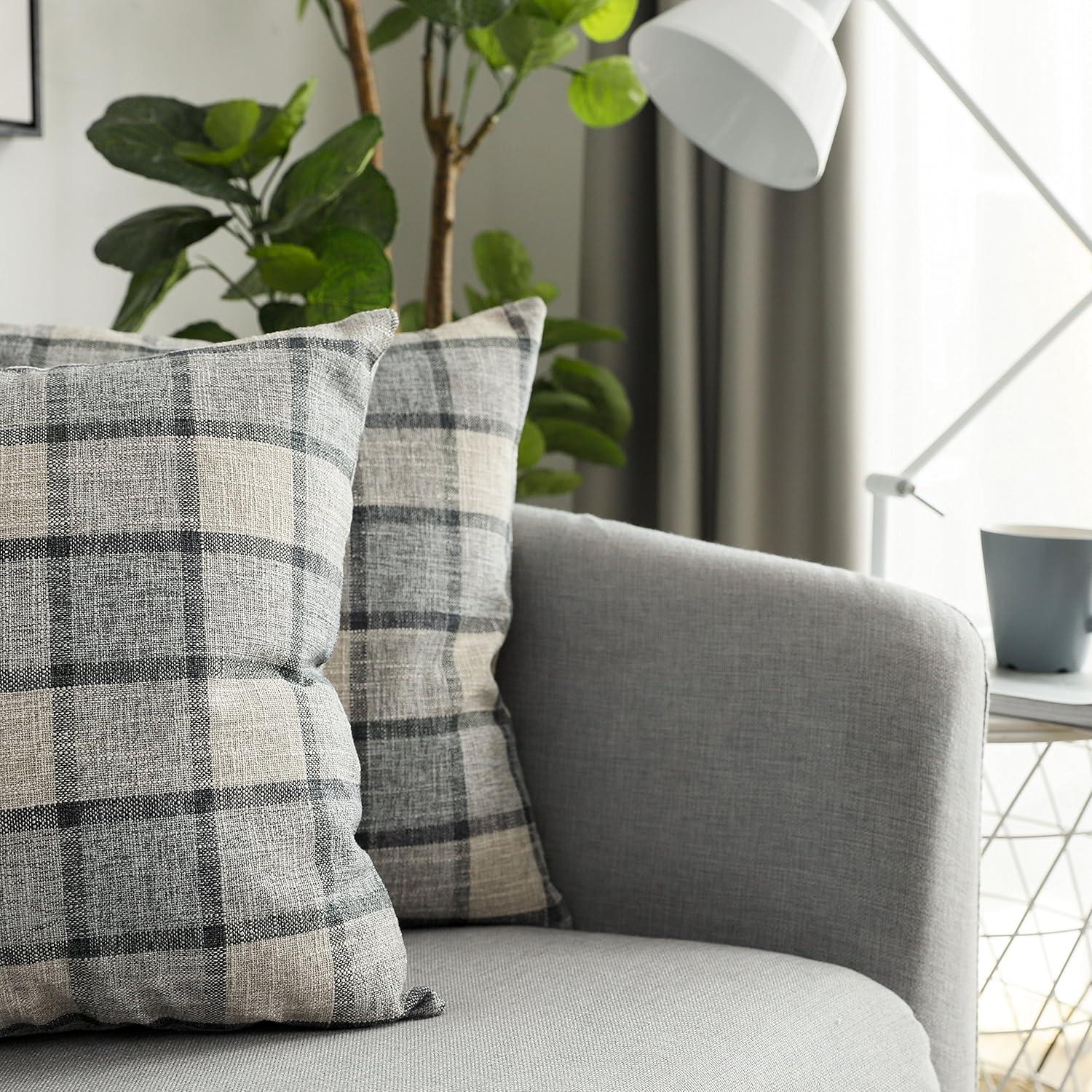 UGASA Pack of 2 Classic Retro Checkered Plaids Cotton Linen Soft Decorative Square Throw Pillow Covers Home Decor Design Cushion Case for Sofa, 18x18inch, Light Grey + Blue