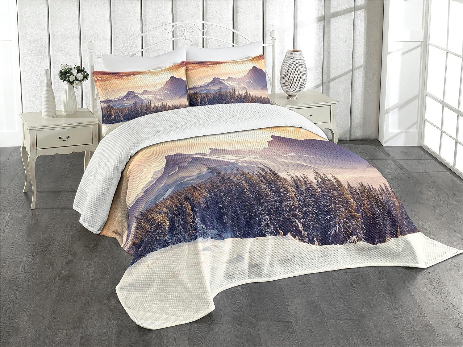 Winter Landscape Queen Bedspread Set with Pillow Shams