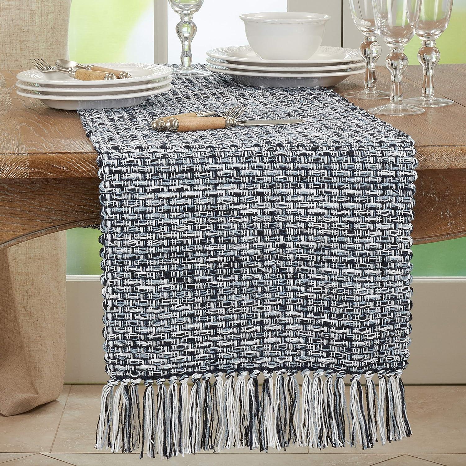 Navy Blue Woven Cotton Table Runner with Tassels, 16" x 72"