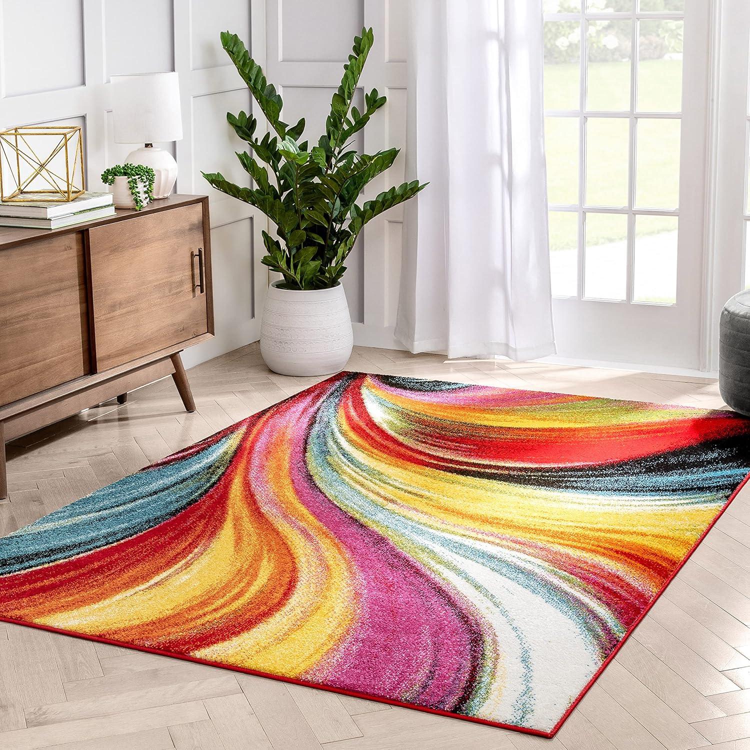 Well Woven Aurora Swirl Lines Modern Geometric Abstract Brush Stroke Painting Art Stripe 3'3" x 5' Multi Area Rug