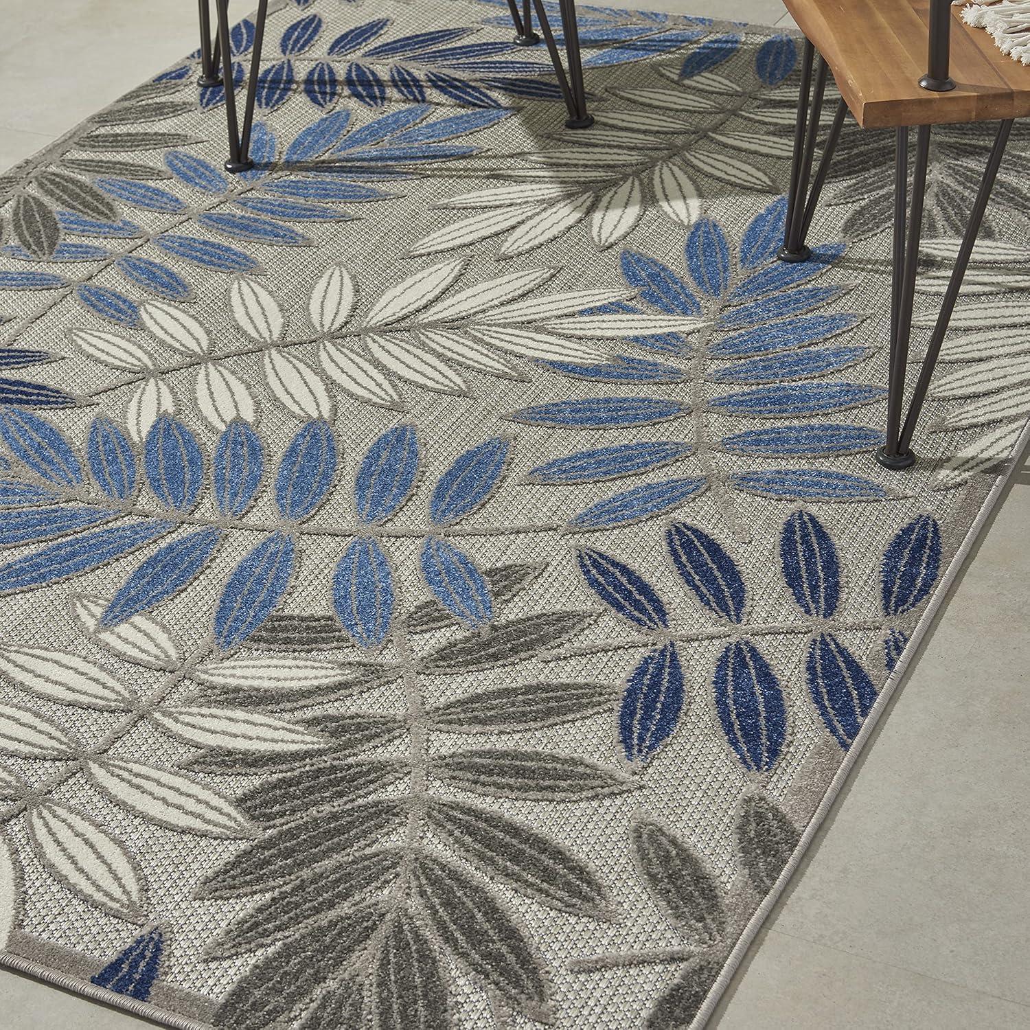 Nourison Aloha Floral Leaf Flatweave High-Low Indoor Outdoor Area Rug Grey/Blue 3'6" x 5'6"