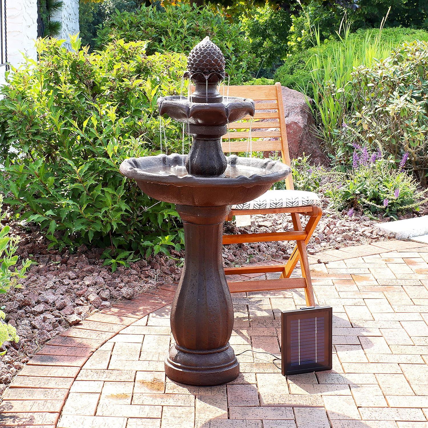 Sunnydaze Outdoor 2-Tier Pineapple Solar Powered Water Fountain with Battery Backup and Submersible Pump - 46" - Rust Finish