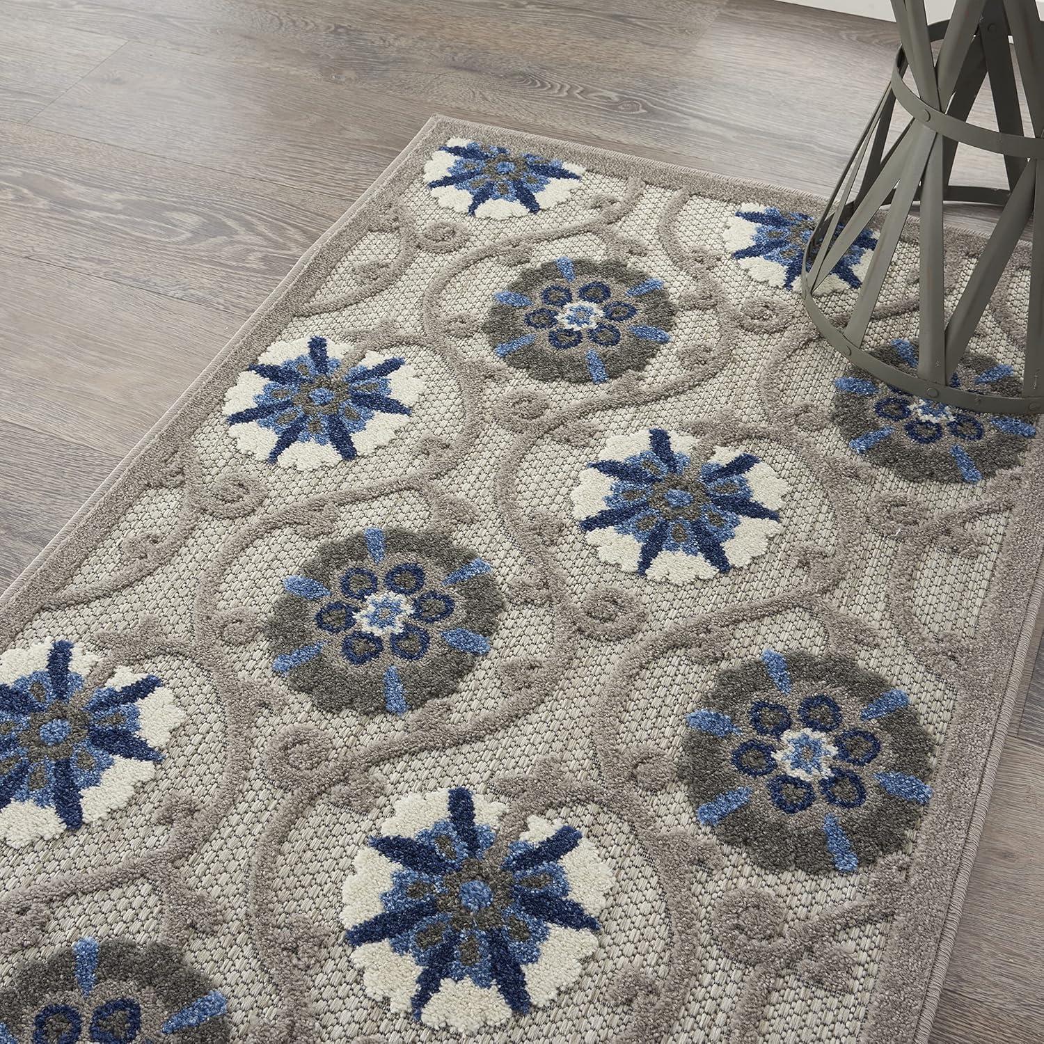Nourison Aloha Contemporary Floral Flatweave High-Low Indoor Outdoor Area Rug Grey/Blue 2'8" x 4'