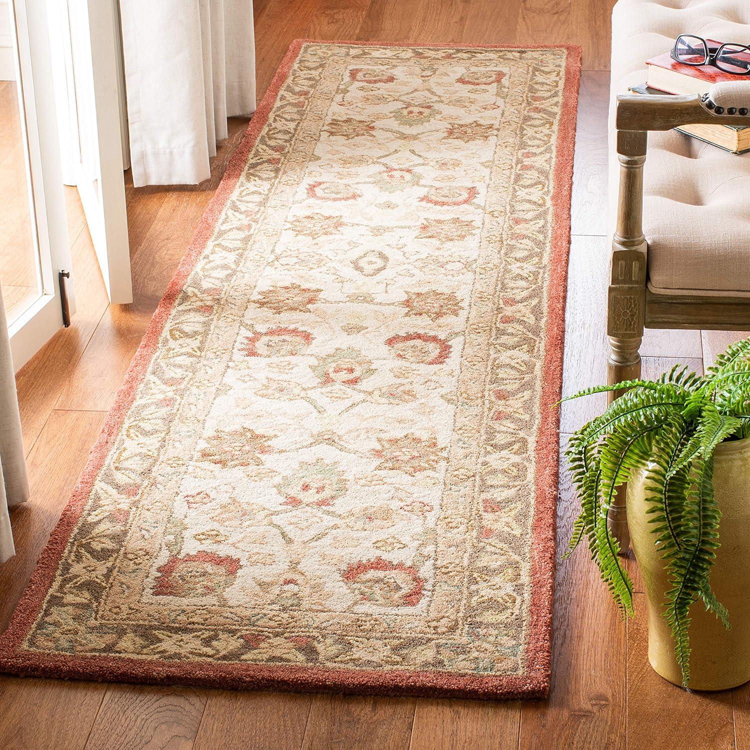 Handmade Beige and Rust Floral Wool Runner Rug