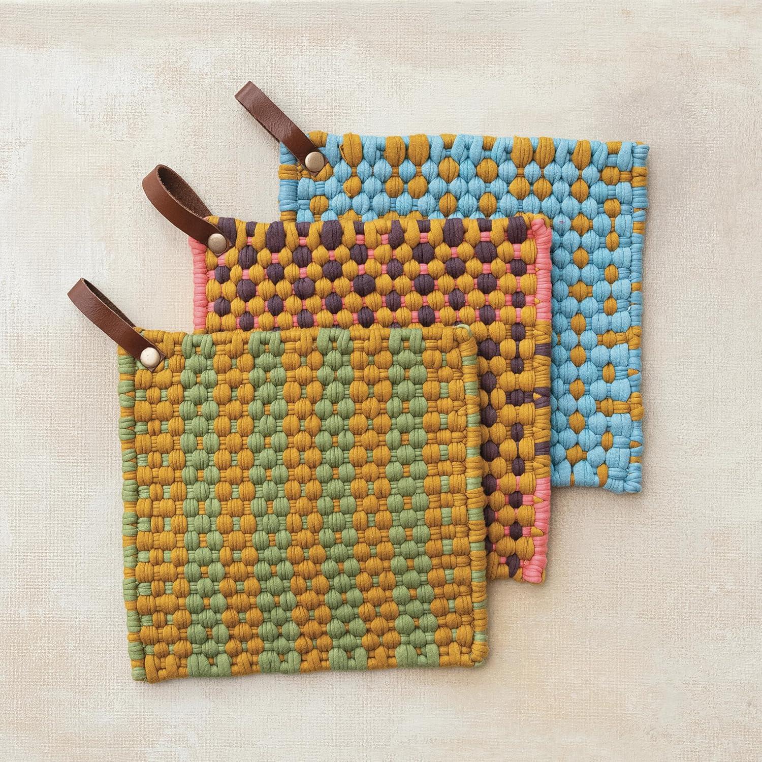 Creative Co-Op Multi-Tone Cotton Crocheted Pot Holder With Leather Loop (Set of 3)
