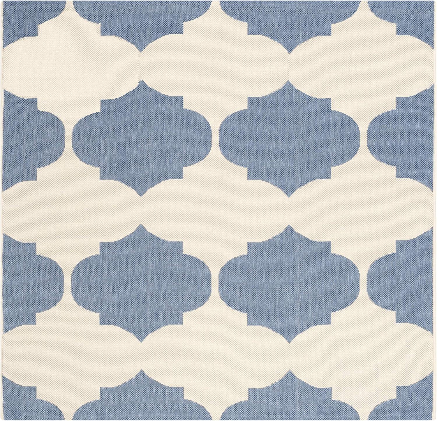 SAFAVIEH Courtyard Elwyn Geometric Trellis Indoor/Outdoor Area Rug, 5'3" x 5'3" Square, Beige/Blue