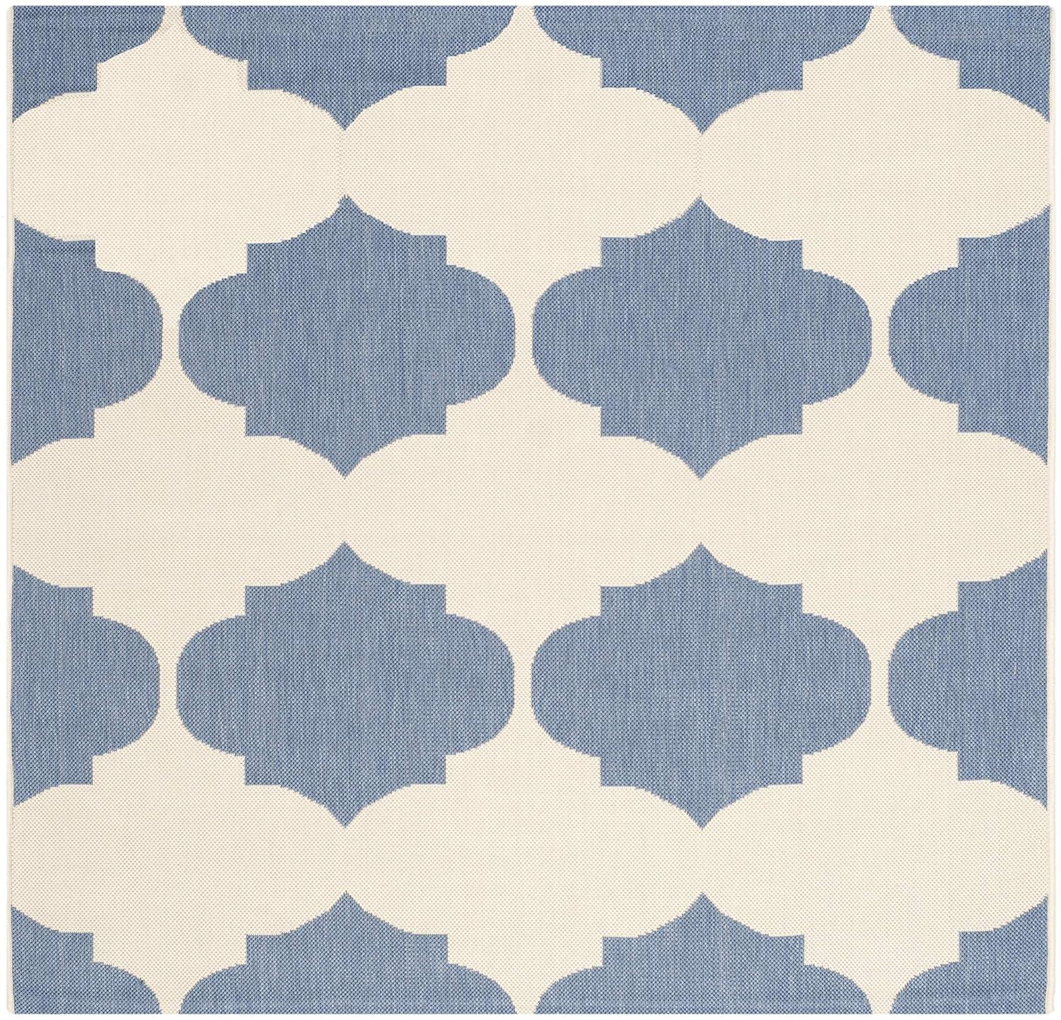 SAFAVIEH Courtyard Elwyn Geometric Trellis Indoor/Outdoor Area Rug, 5'3" x 5'3" Square, Beige/Blue