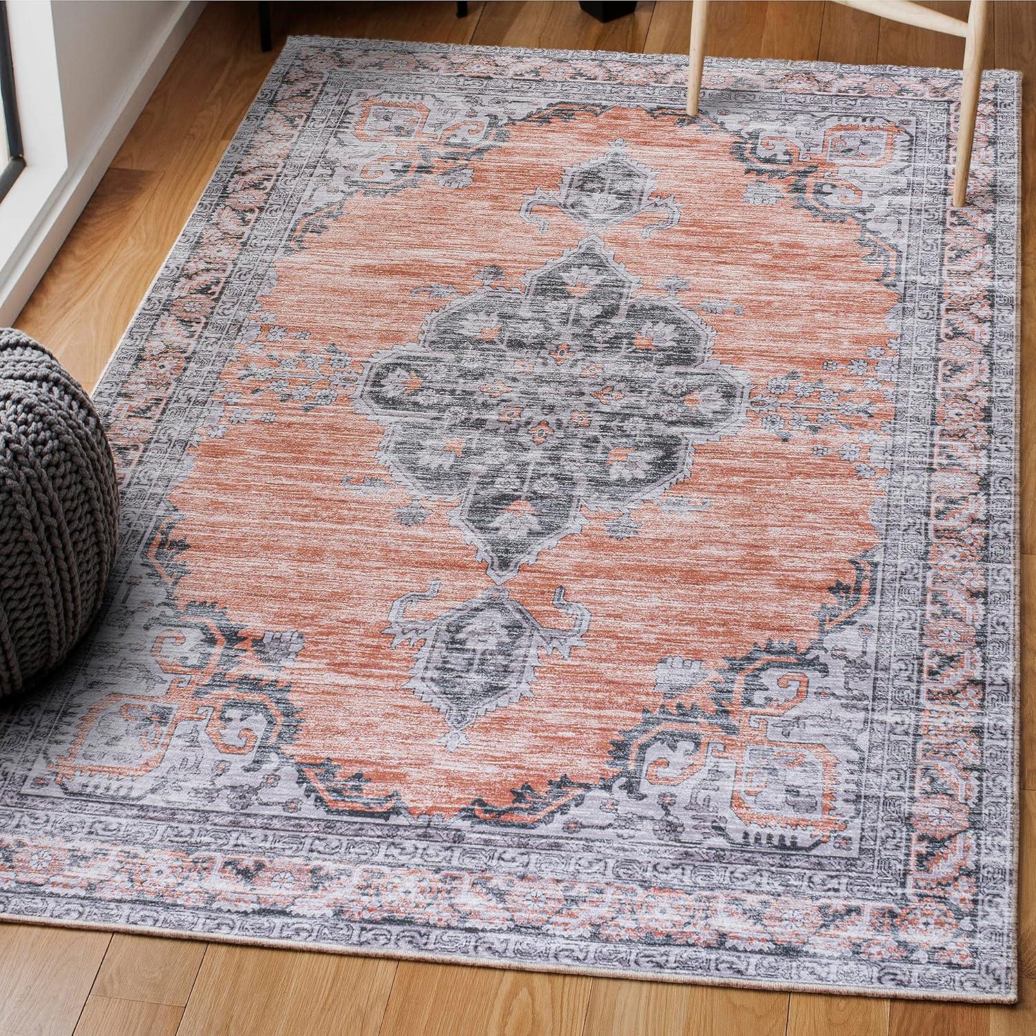 Wincer Chenille Cottage Medallion Machine-Washable Orange/Gray 8 ft. x 10 ft. Area Rug - JONATHAN Y
