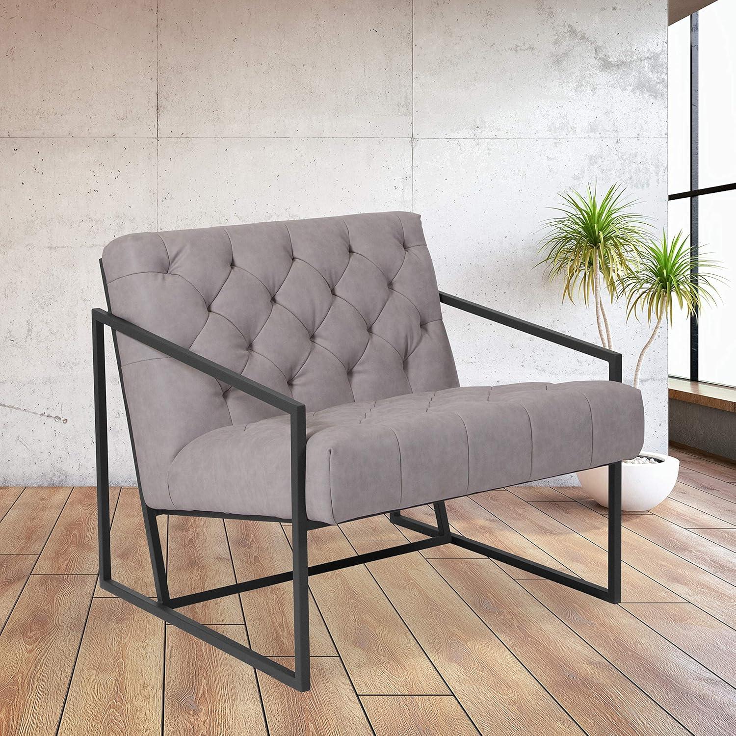 Light Gray Tufted Leather Lounge Chair with Metal Frame