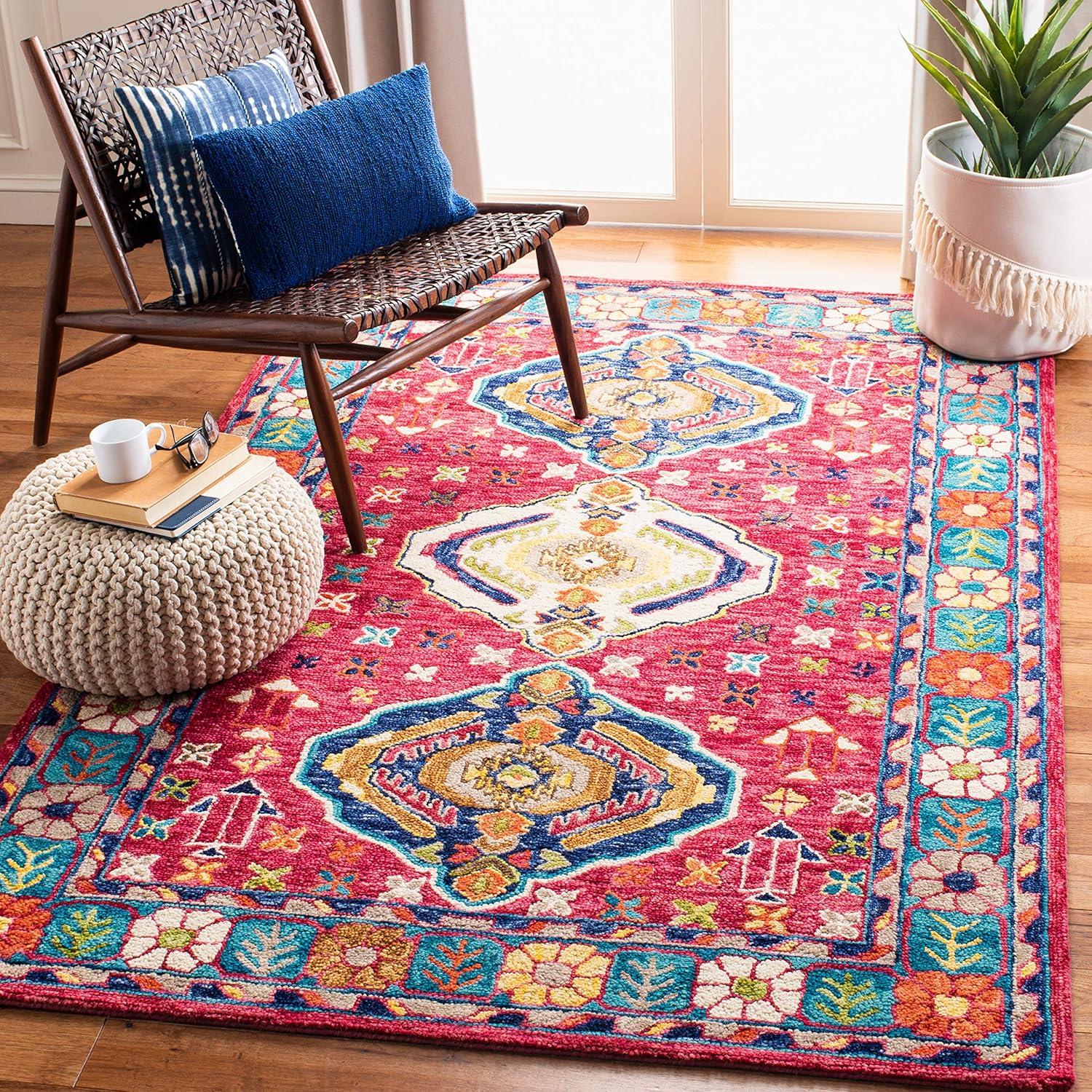 Hand-Tufted Artisan Red and Blue Wool Accent Rug - 3' x 5'