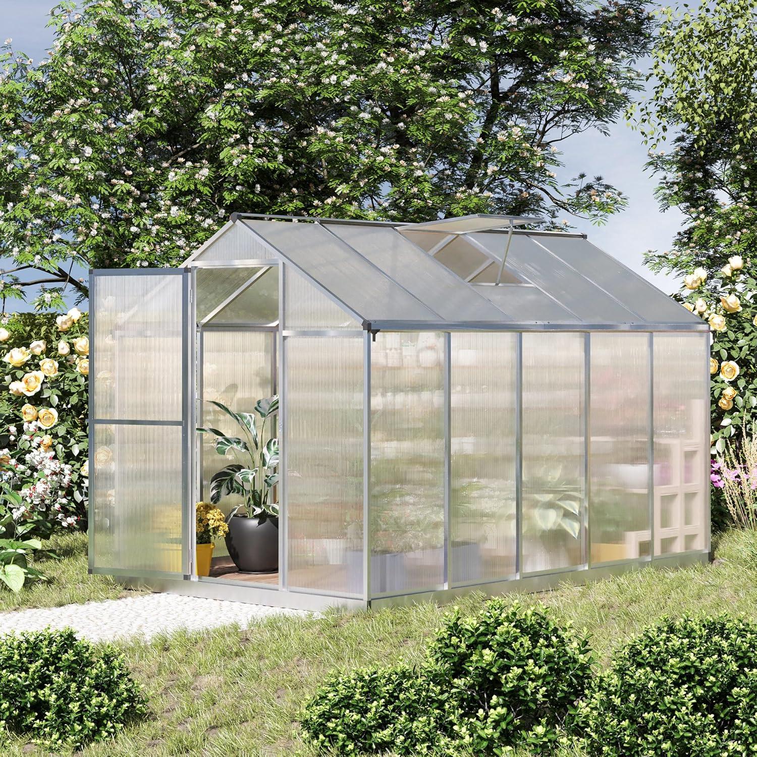 Outsunny Walk-In Polycarbonate Greenhouse with Roof Vent for Ventilation & Rain Gutter, Hobby Greenhouse for Winter