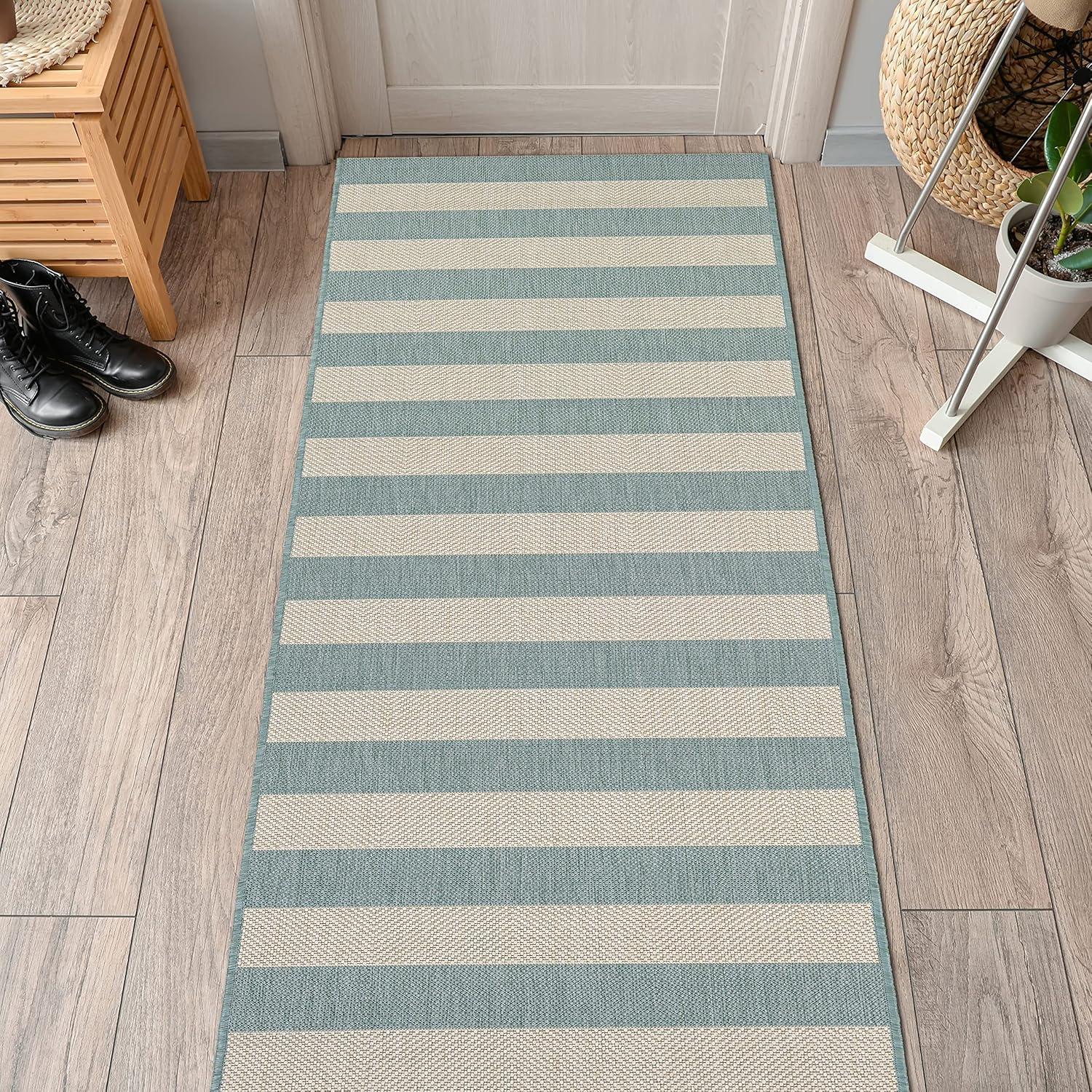 Couristan Afuera Yacht Club 2'2" x 7'10" Sea Mist Green and Ivory Stripe Outdoor Runner Rug