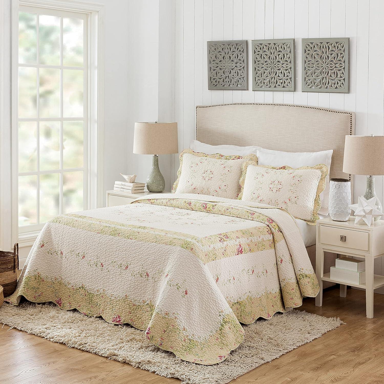 Queen Prairie Bloom Bedspread Yellow - Mary Jane's Home: Cotton Floral Bedding, Machine Washable, 140 Thread Count
