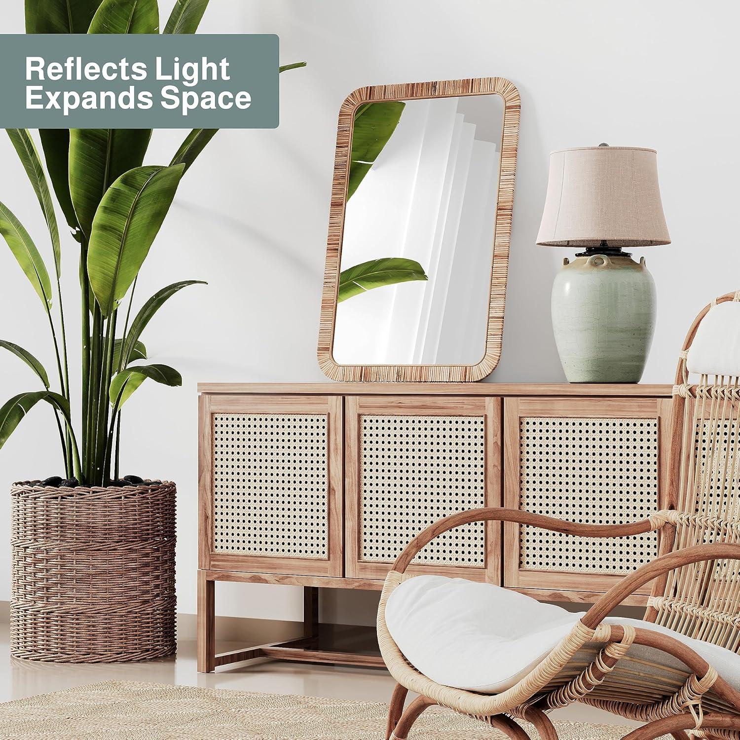 24" x 36" Rattan Bathroom Mirror - Boho Mirror for Wall Decor - Handmade Wicker Rattan Mirrors for Wall with Rustic Design - Add a Touch of Farmhouse Elegance to Your Home Decor by Barnyard Designs