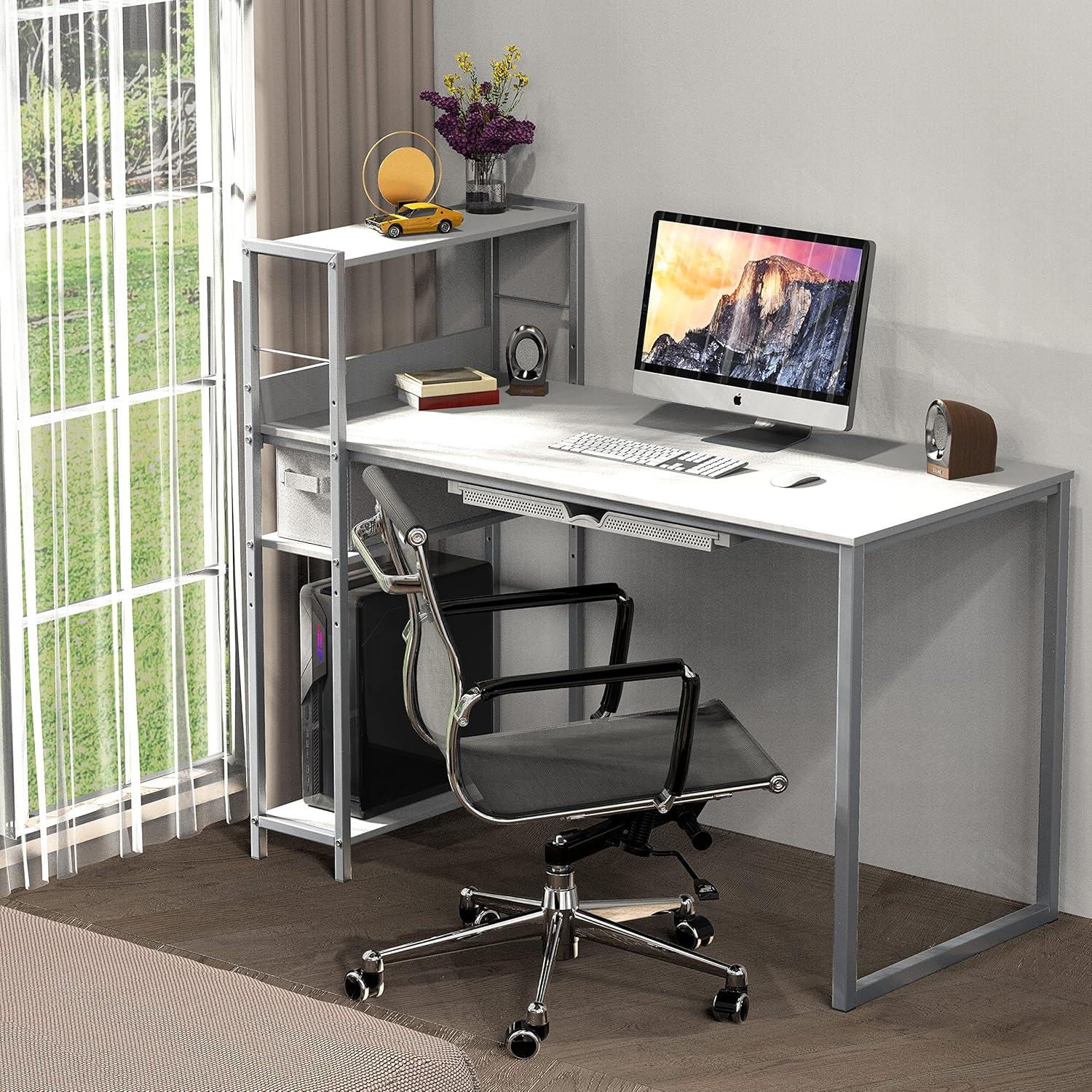 White 46-Inch Computer Desk with Adjustable Shelf and Drawer