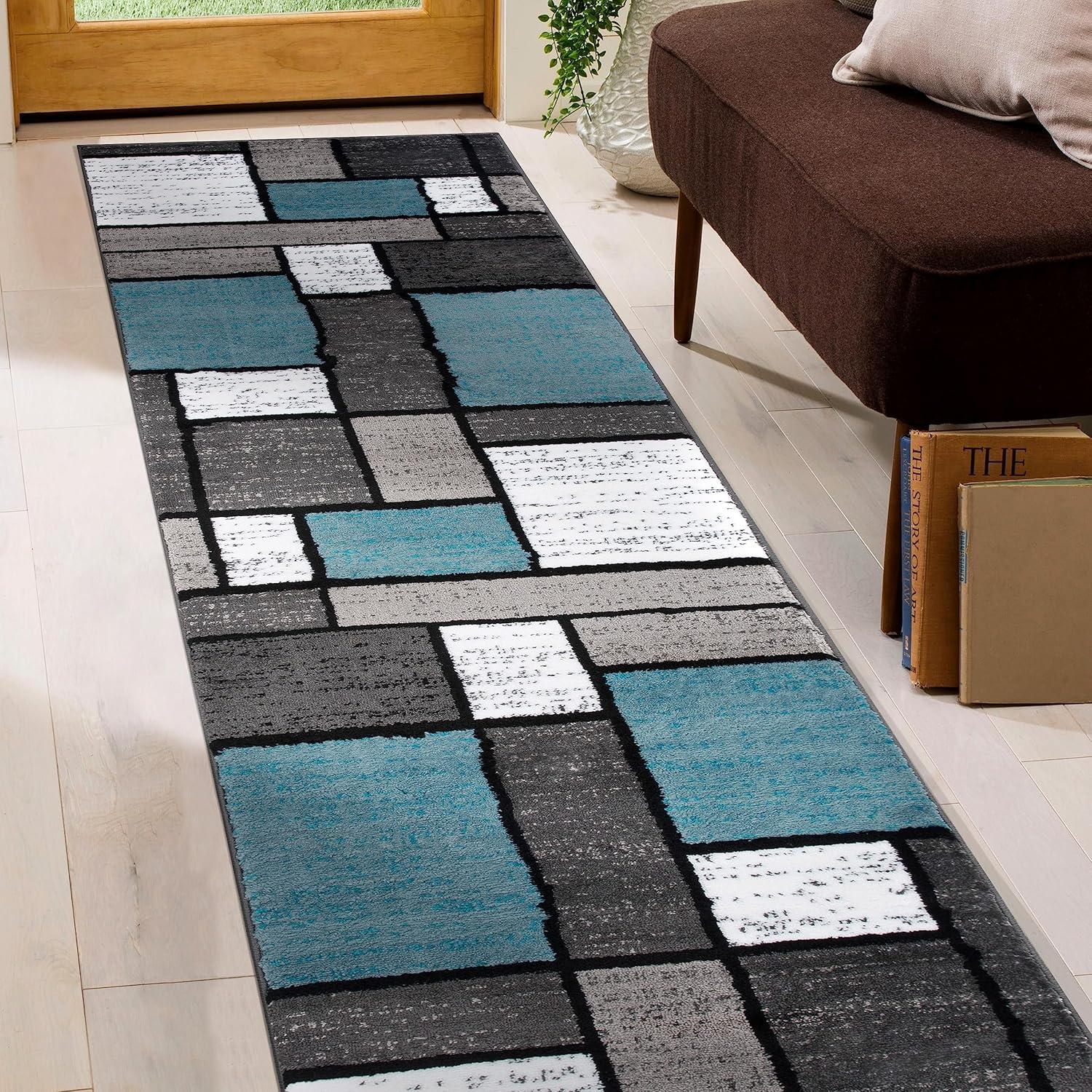 World Rug Gallery Contemporary Modern Boxed Color Block Blue Gray 2'x10' Runner Rug