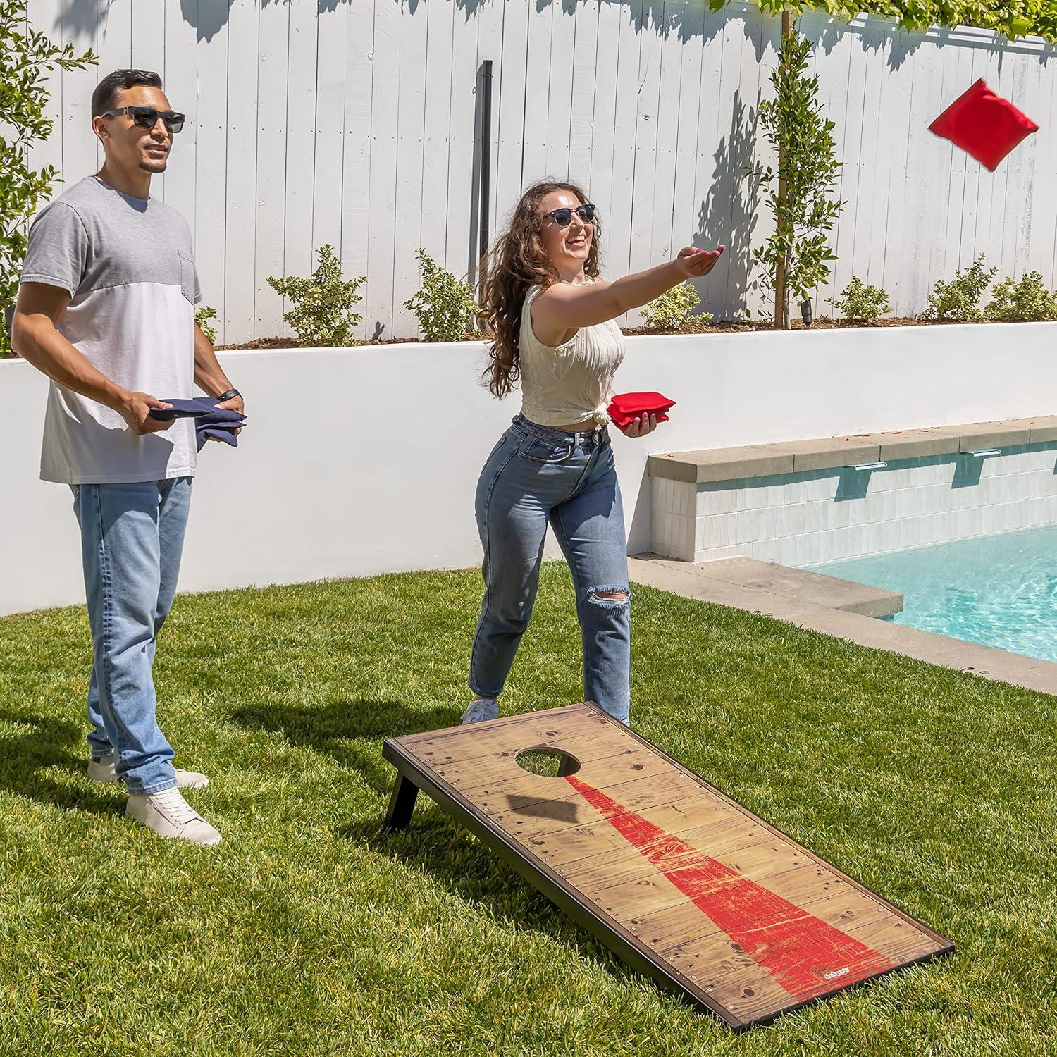 Rustic Wood Cornhole Set with Red and Blue Bean Bags