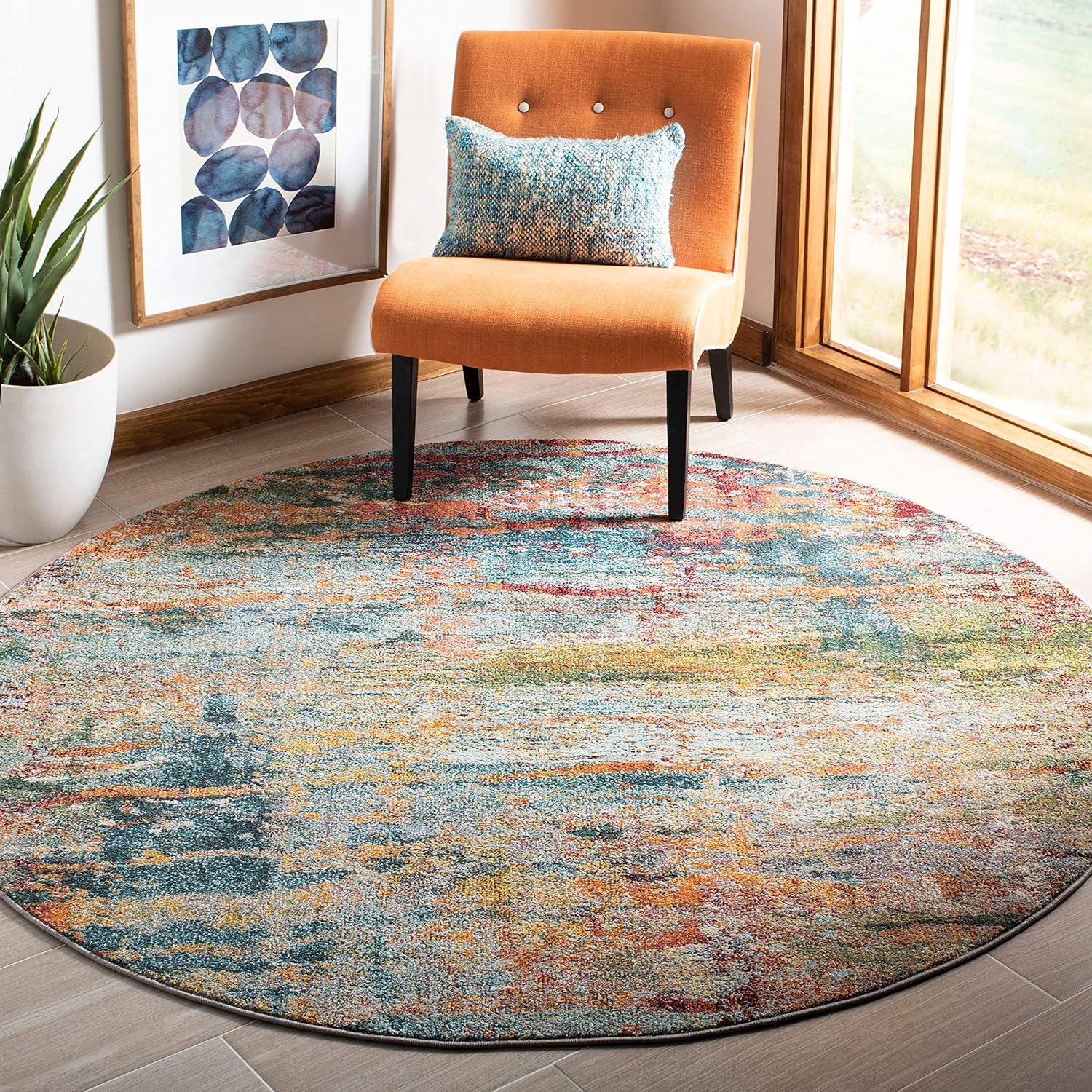 Monaco Teal & Orange Abstract Boho Chic Square Area Rug, 9'x9'