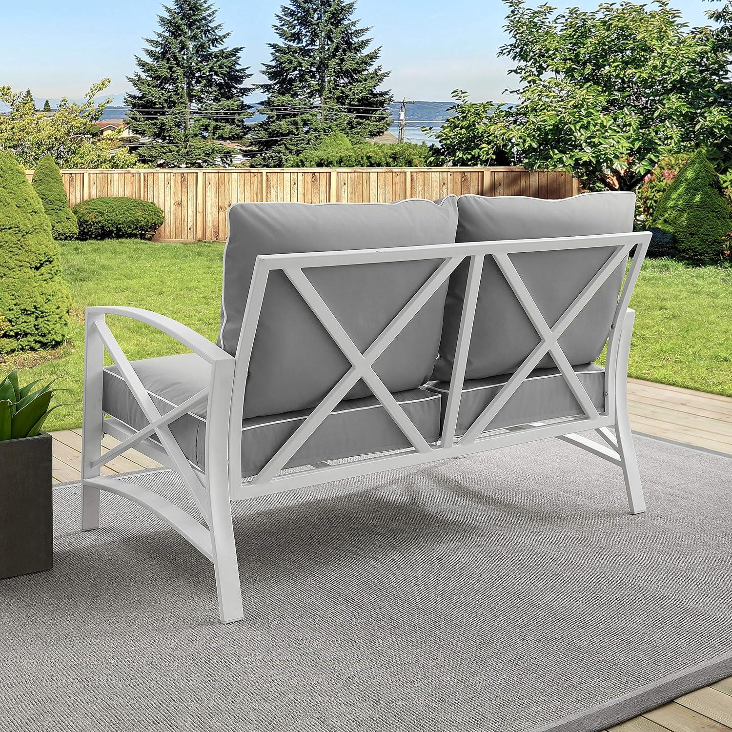 Gray and White Steel Outdoor Loveseat with Cushions