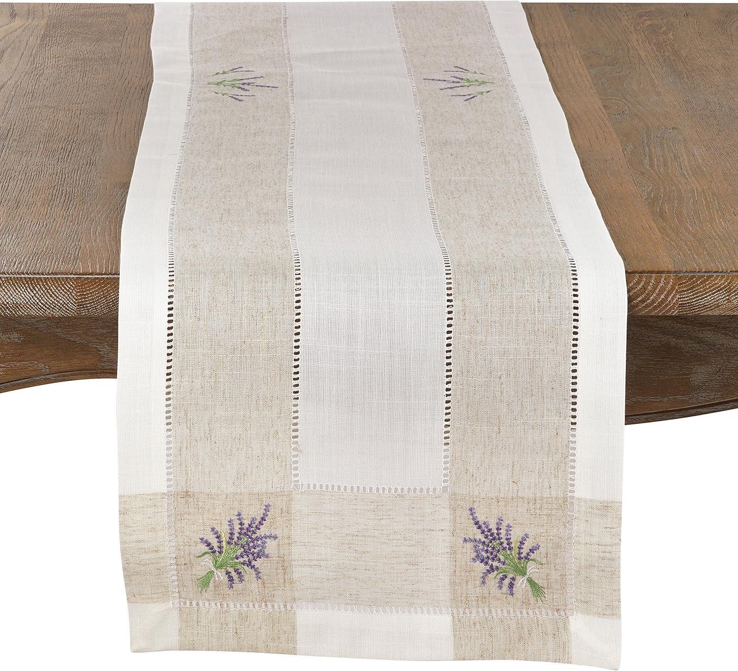 Saro Lifestyle Embroidered Lavender Hemstitch Runner, Ivory, 15" x 70"