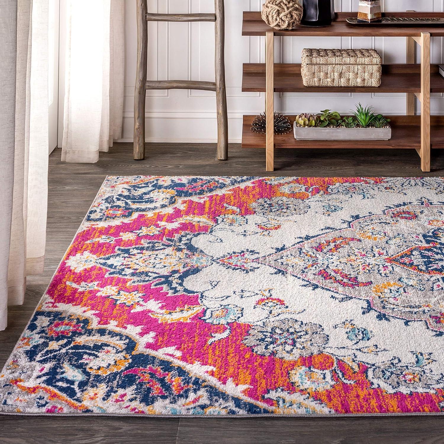 Reversible Medallion Blue and Coral 4' x 6' Synthetic Area Rug