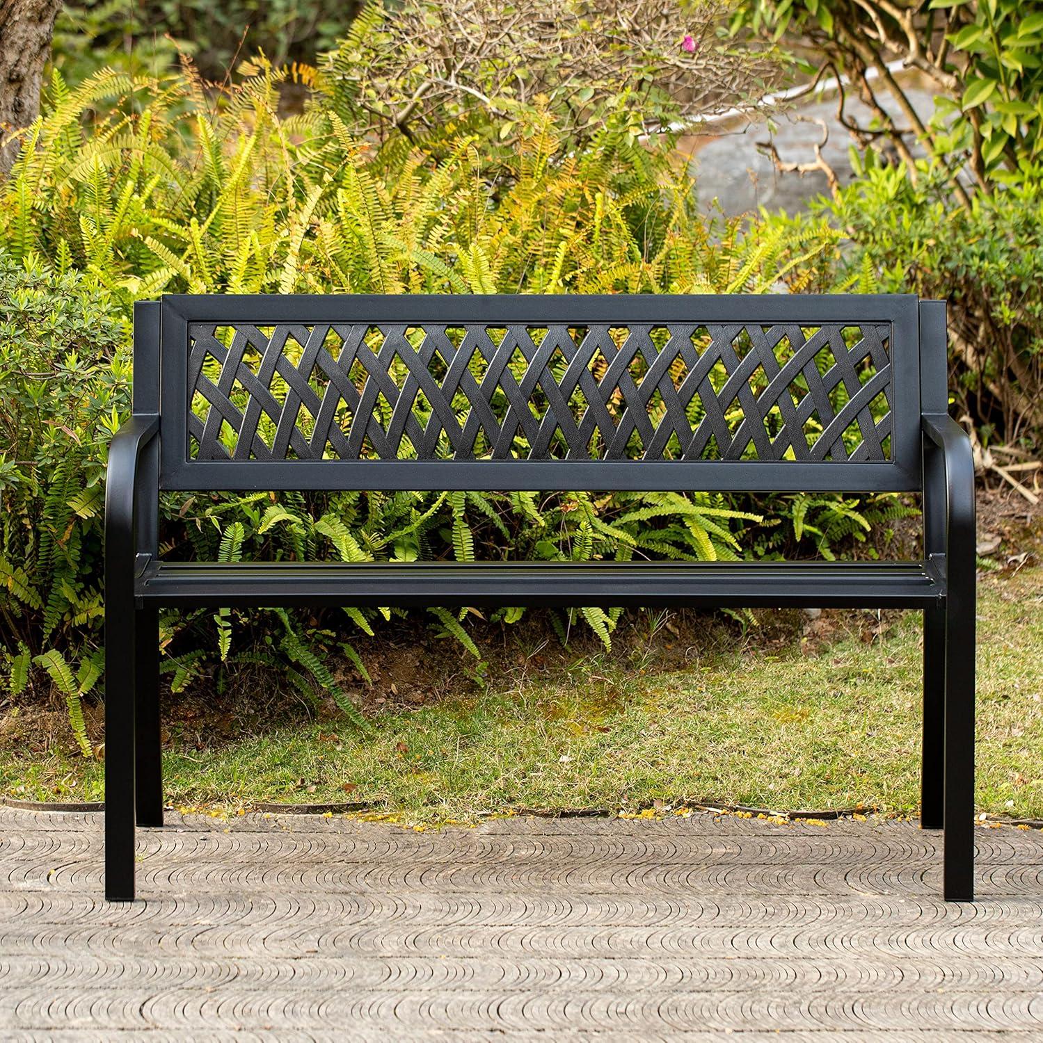 Gardenised Outdoor Steel 47 Park Bench for Yard, Patio, Garden and Deck, Black Weather Resistant Porch Bench, Park Seating