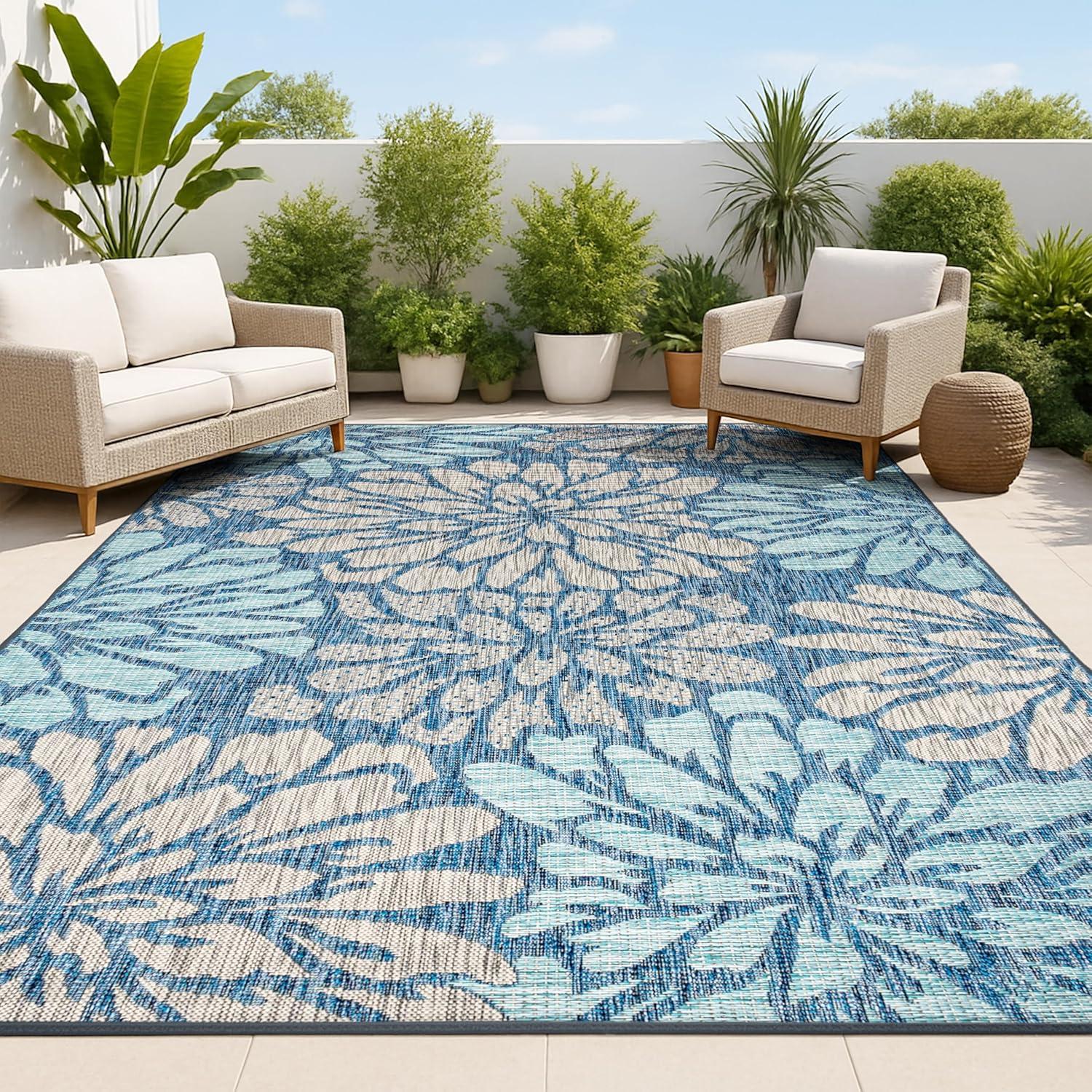 8'x10' Zinnia Modern Floral Textured Weave Indoor/Outdoor Area Rug, Navy/Aqua - JONATHAN Y