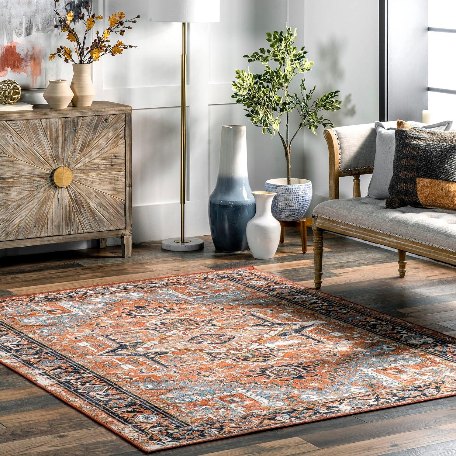 Rust and Blue Rectangular Synthetic Persian Area Rug