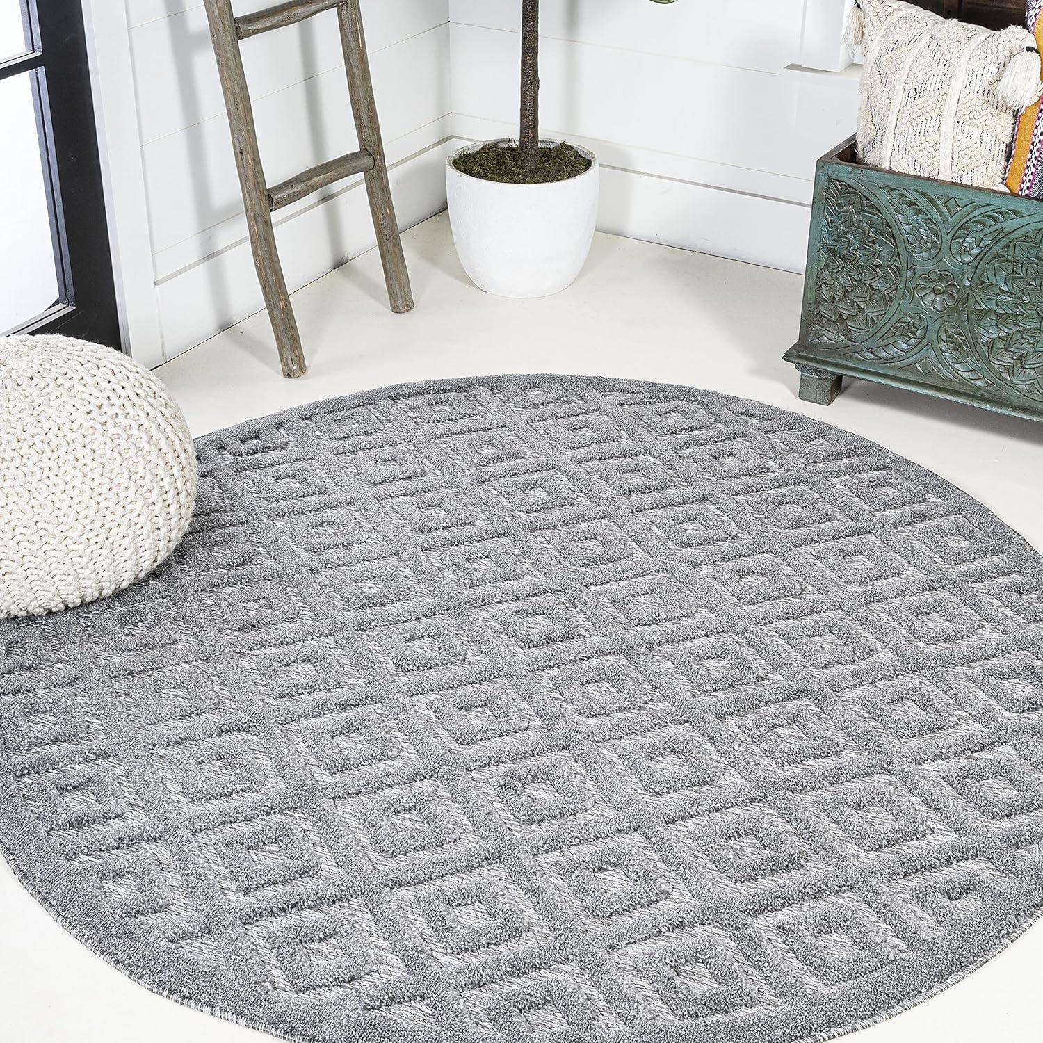 5' Round Portmany Neutral Diamond Trellis Indoor/Outdoor Area Rug, Dark Gray - JONATHAN Y