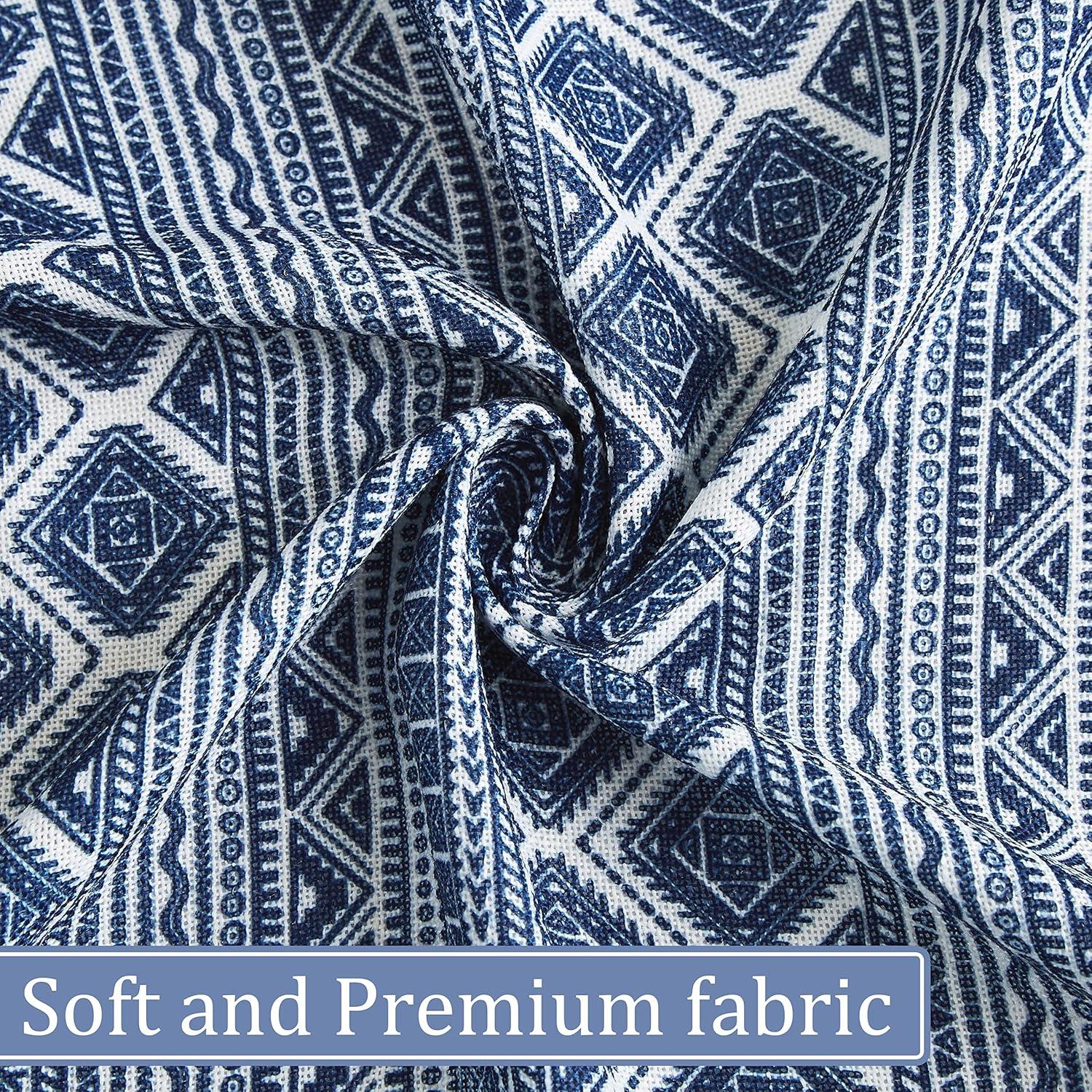 Fragrantex Semi Sheer Curtains 84 Inch Length for Living Room, Blue Geometric Boho Curtains for Bedroom 2 Panels Set Soft Linen Textured Print Curtains Grommet Semi Sheer, 50”W x 84”L x2