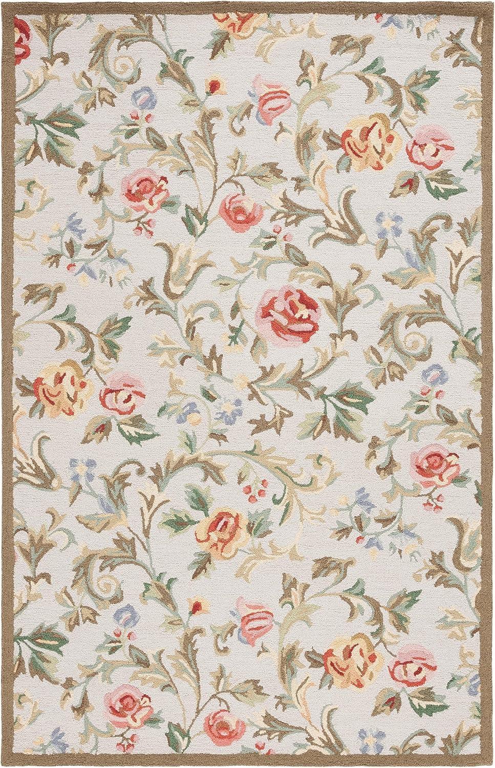 Handmade Ivory and Sage Floral Wool Rectangular Rug